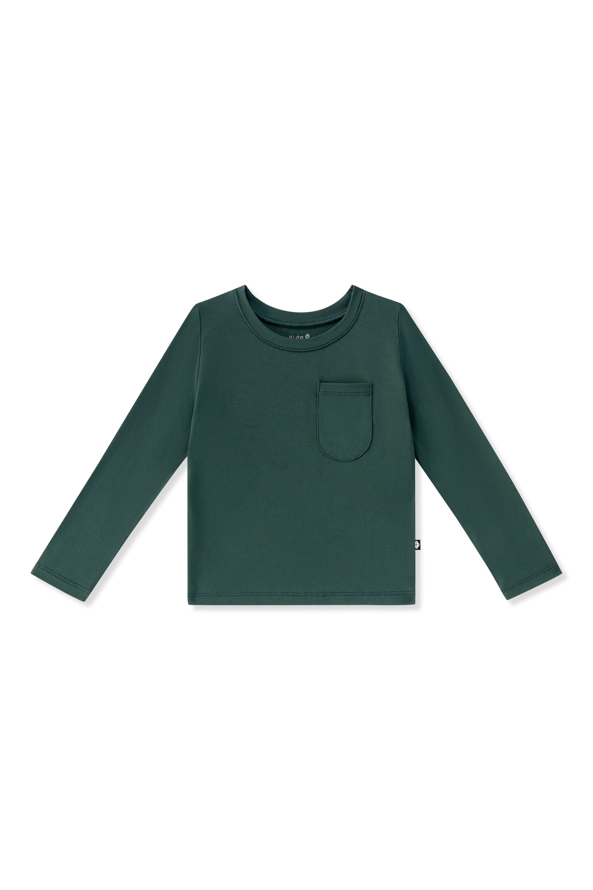 A dark green long-sleeve crewneck shirt with a chest pocket, displayed flat against a plain white background.