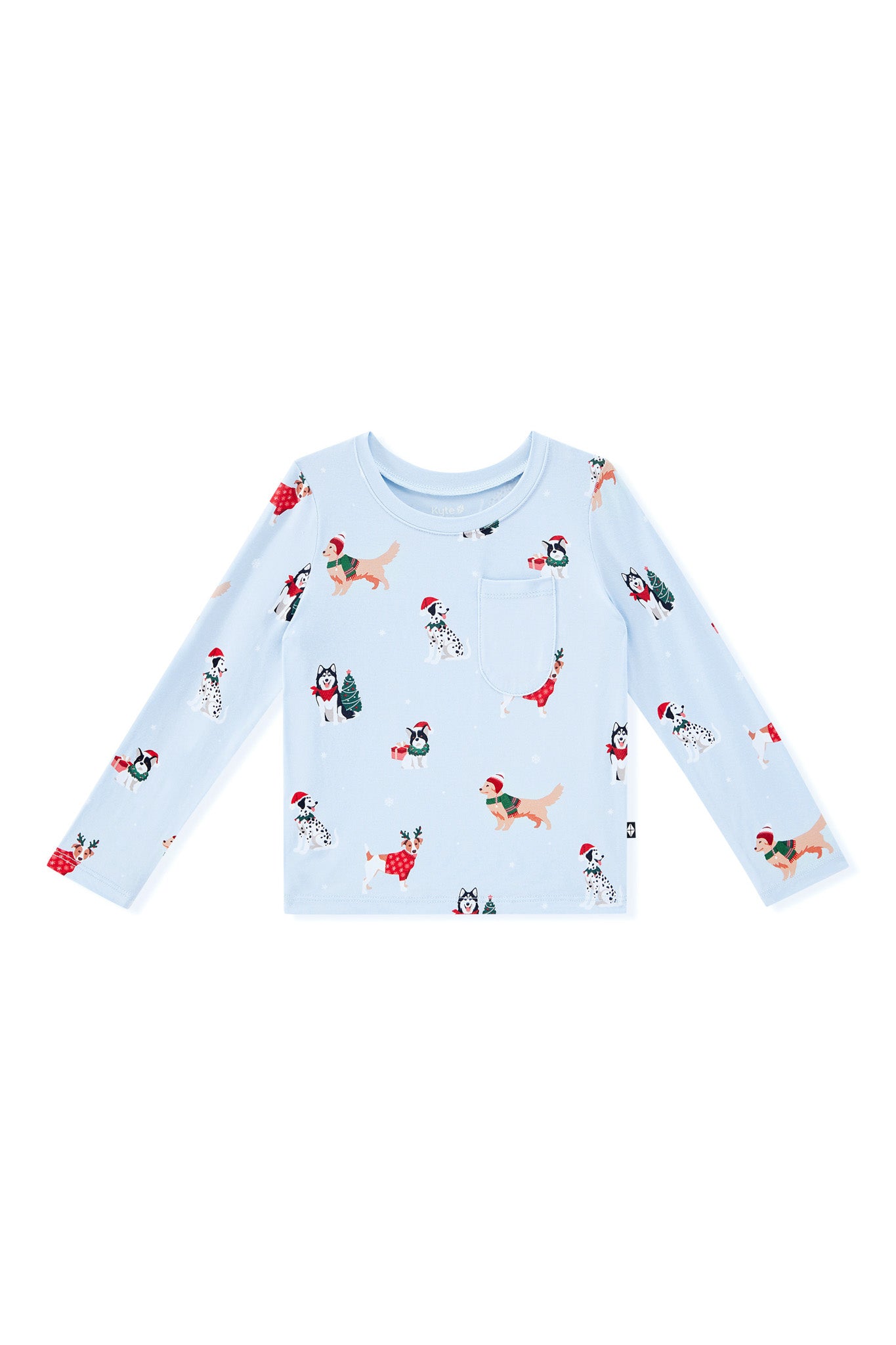 Blue Long Sleeve Toddler Crew Neck Tee in Holiday Pups print on a white background