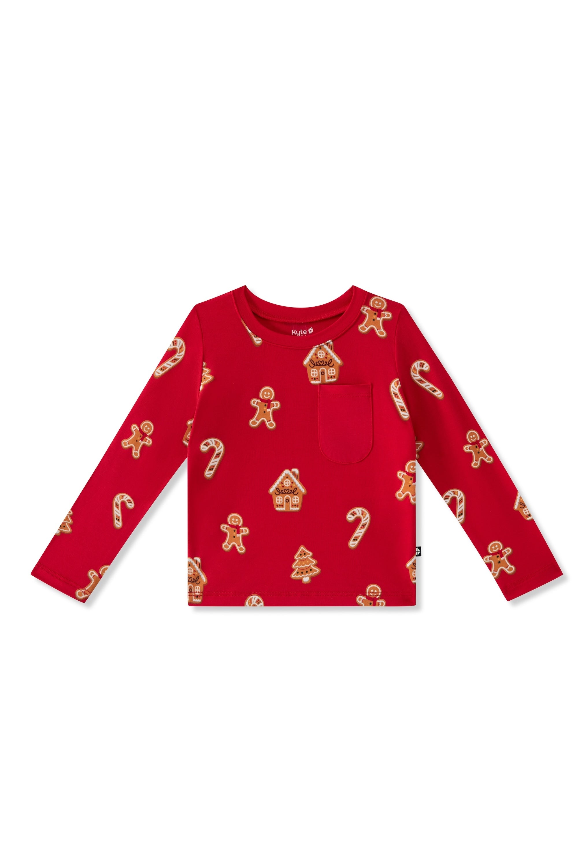 Long Sleeve Toddler Crew Neck Tee in Gingerbread print on a white background