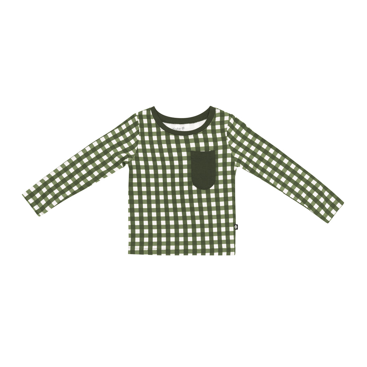 Product photo of the Long Sleeve Toddler Crew Neck Tee in Gingham Fir with the Fir colored pocket shown
