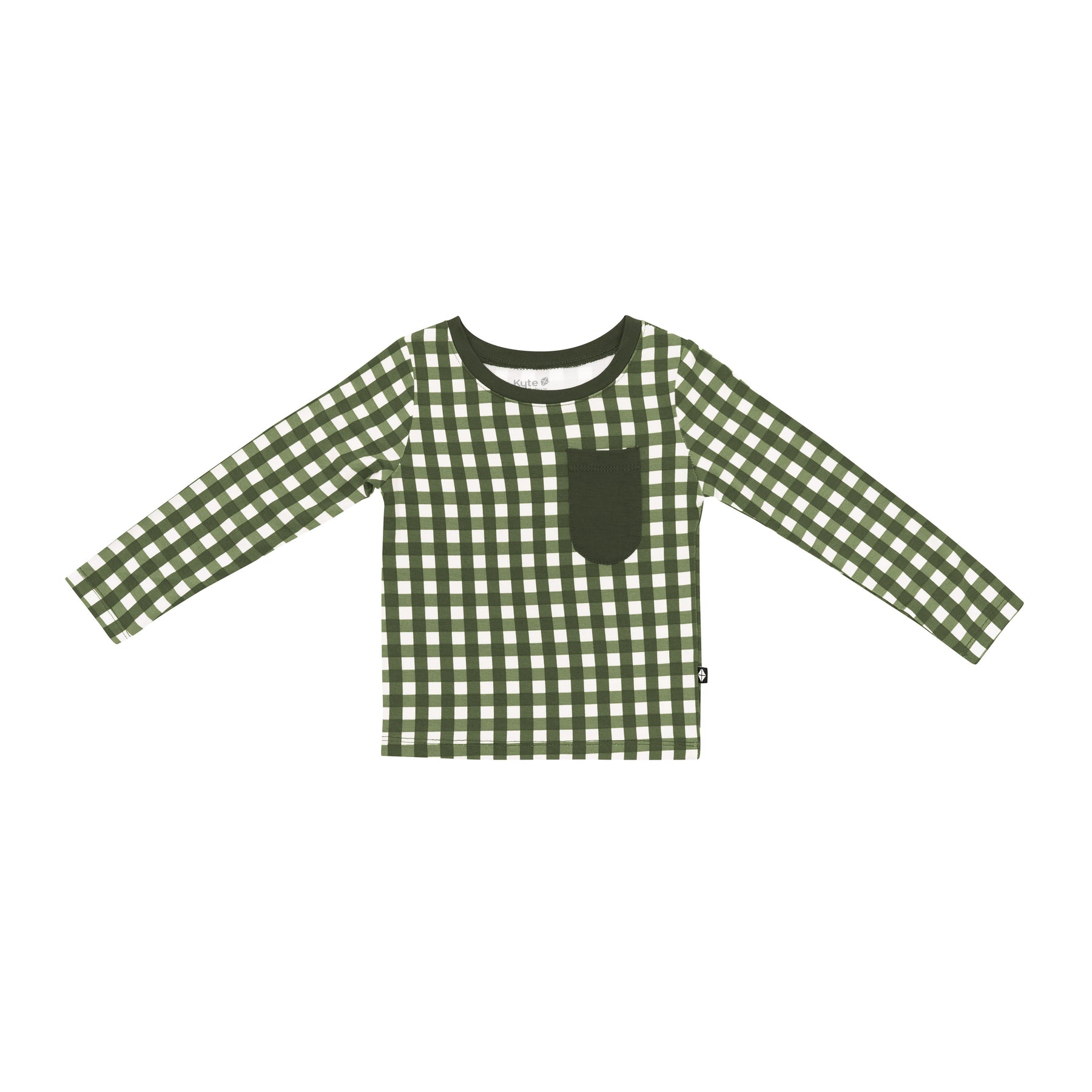 Product photo of the Long Sleeve Toddler Crew Neck Tee in Gingham Fir with the Fir colored pocket shown