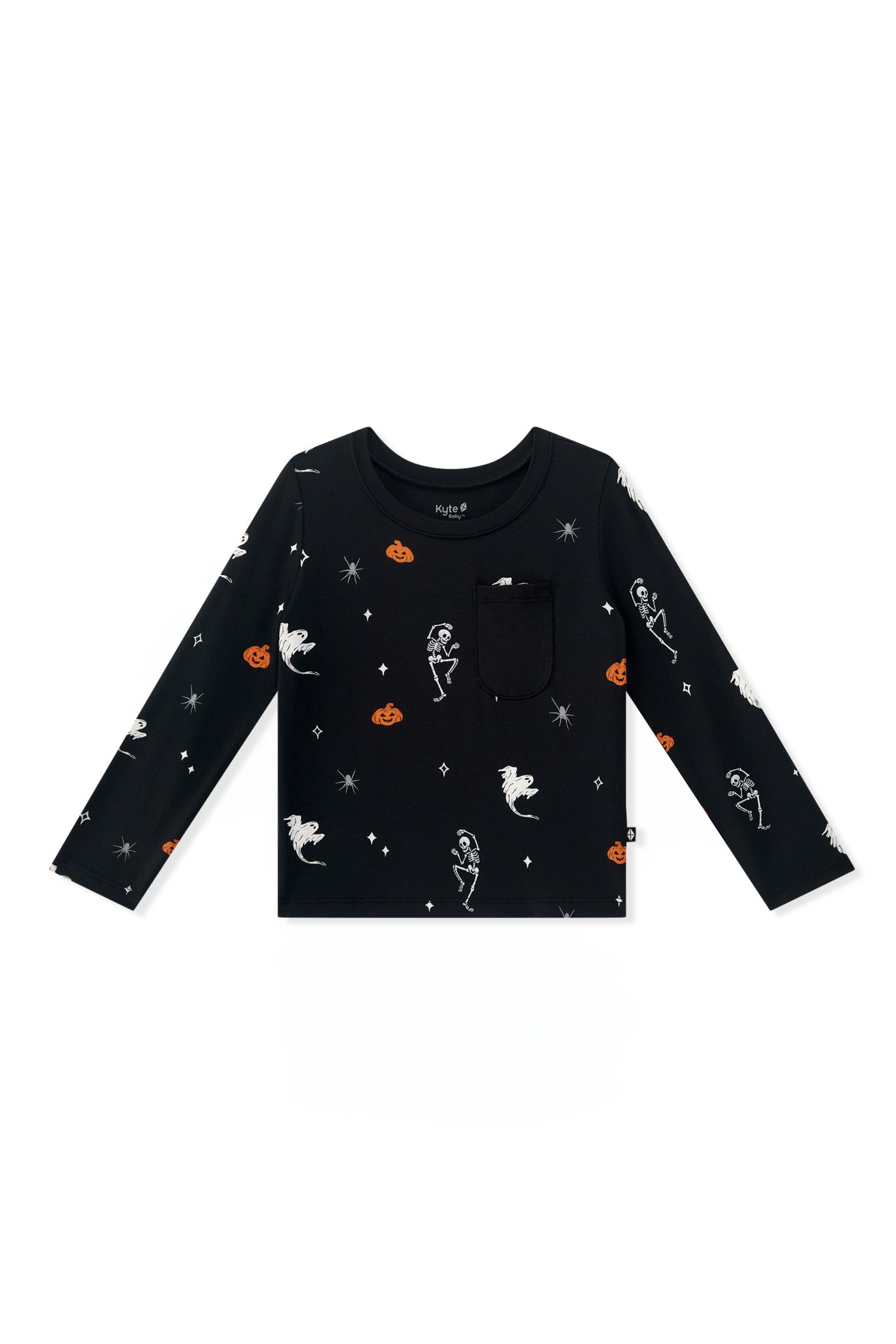 Black Long Sleeve Toddler Crew Neck Tee in Halloween Friends print on a white background