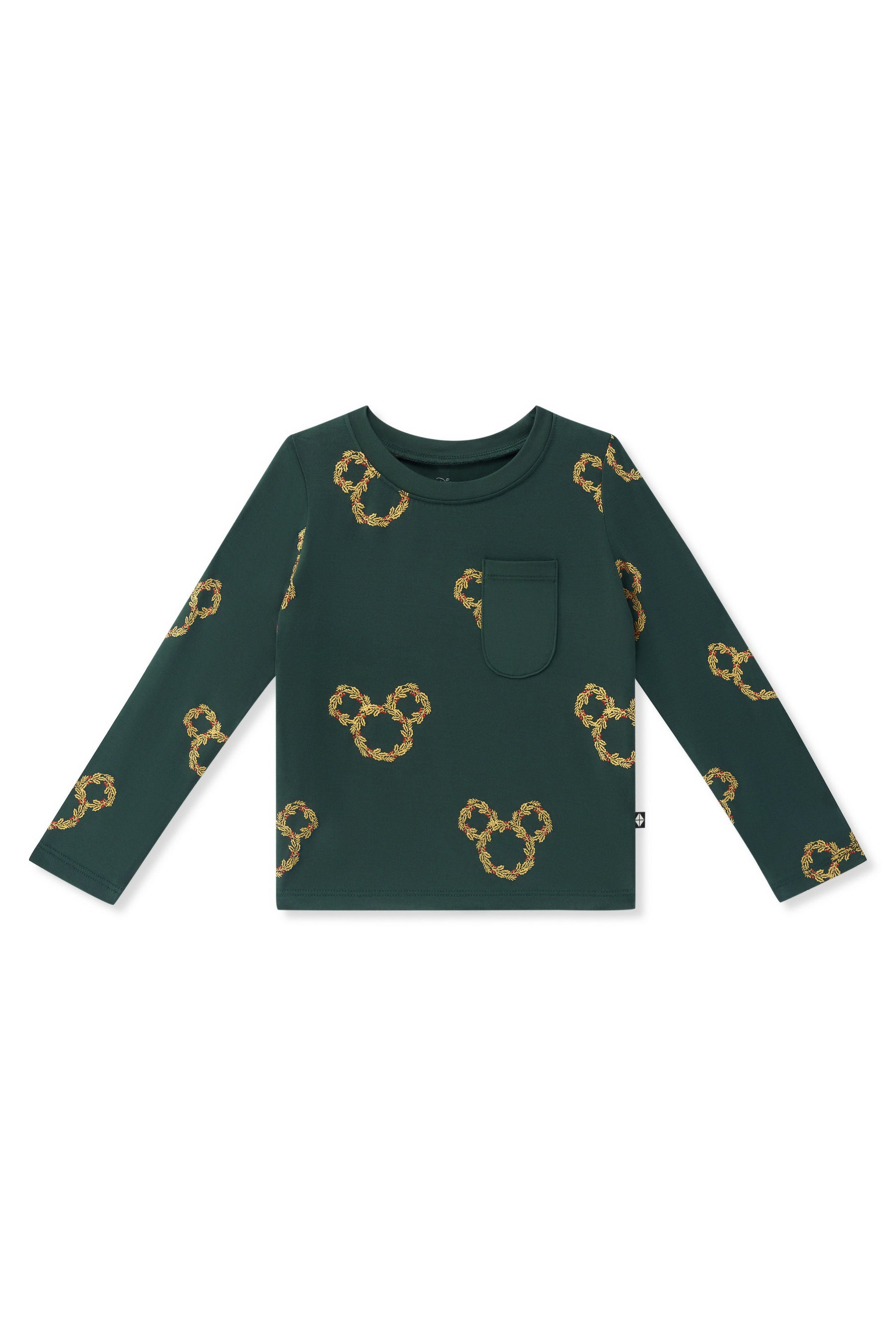 Long Sleeve Toddler Crew Neck Tee in Mickey Christmas Wreath print on a white background