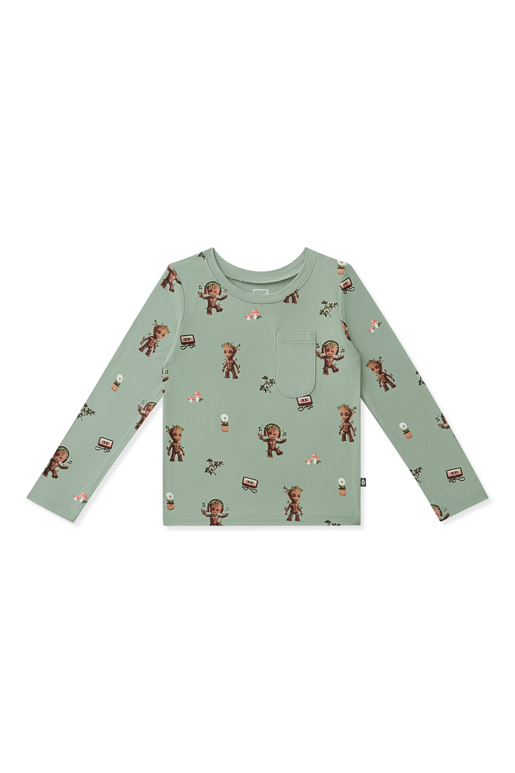 Green Long Sleeve Toddler Crew Neck Tee with Groot print on white background