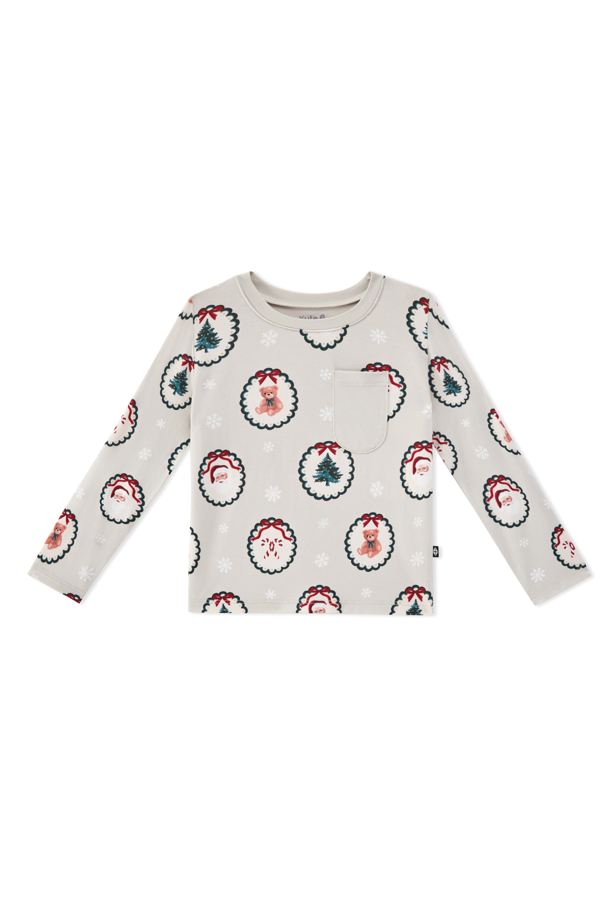 Long Sleeve Toddler Crew Neck Tee in Holiday Medallion print on a white background