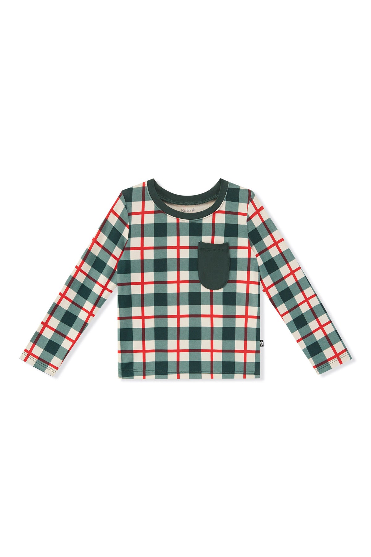 A long-sleeve children's top with a green, red, and white plaid pattern, featuring a solid dark green chest pocket and matching dark green collar, displayed flat against a white background.