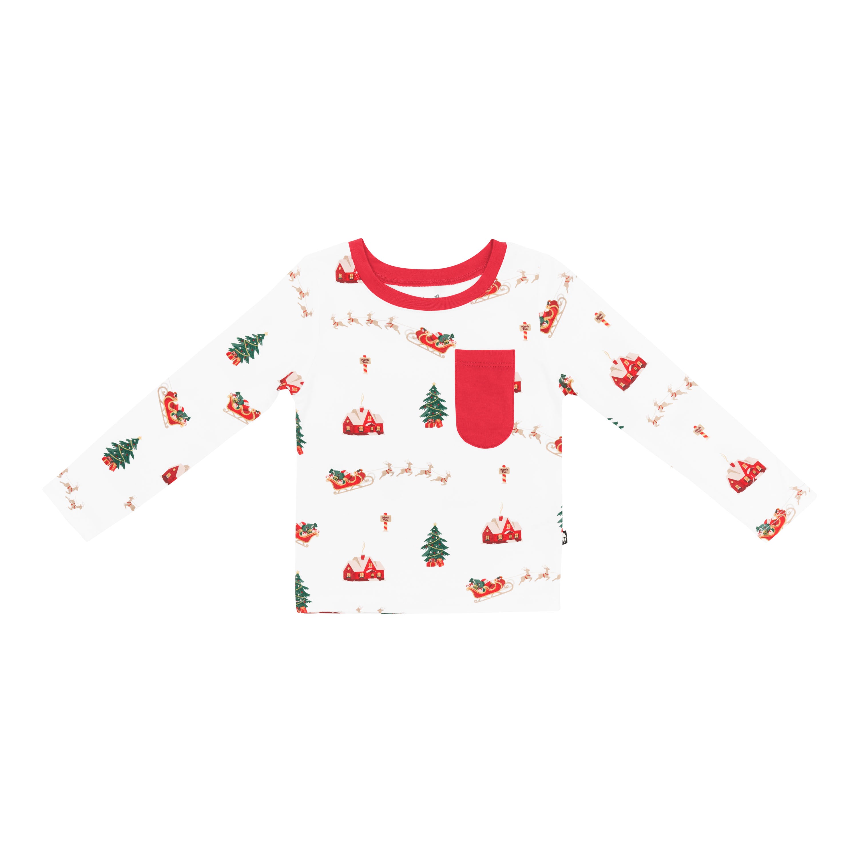Product photo of the Long Sleeve Toddler Crew Neck Tee in Santa Sleigh showing the red chest pocket