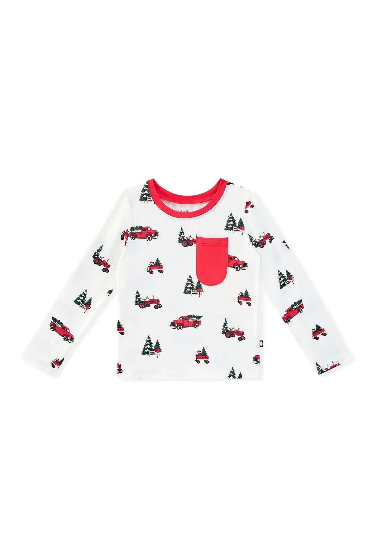 A white long-sleeve baby t-shirt with a red crew neck collar, a red chest pocket, and an all-over print of red pickup trucks and green Christmas trees.
