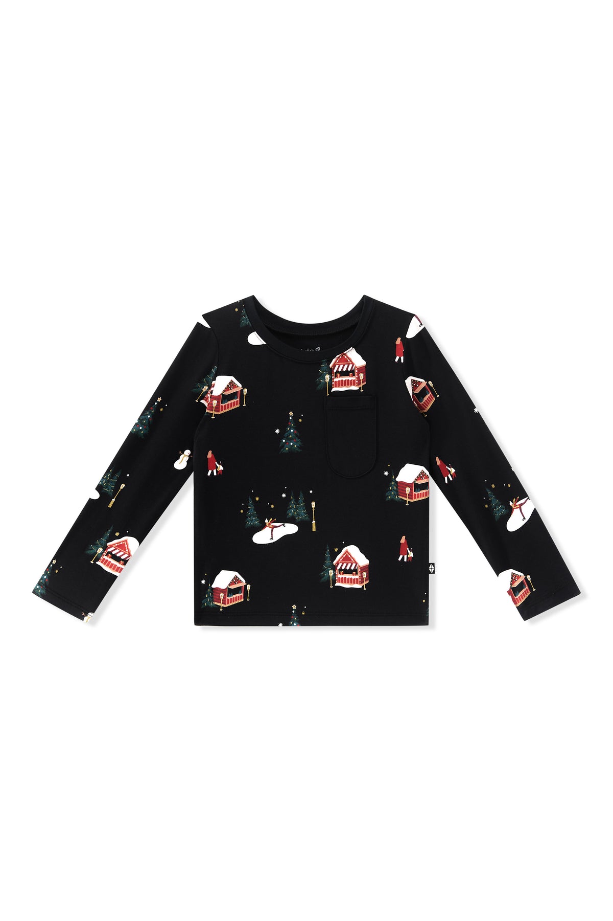 A long-sleeve black top with a festive winter print featuring red and white snow-covered houses, small red Santa hats, and green pine trees, displayed flat against a white background.
