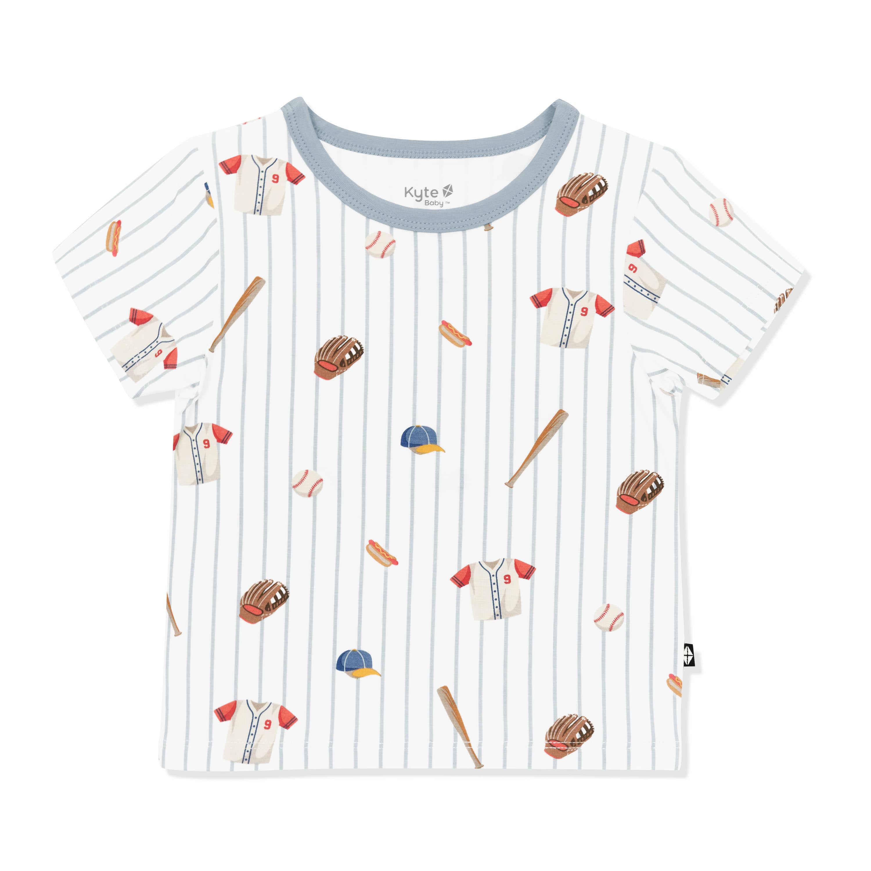 Product photo of the Toddler Basic Tee in Home Run showing the muted blue trim on a white surface