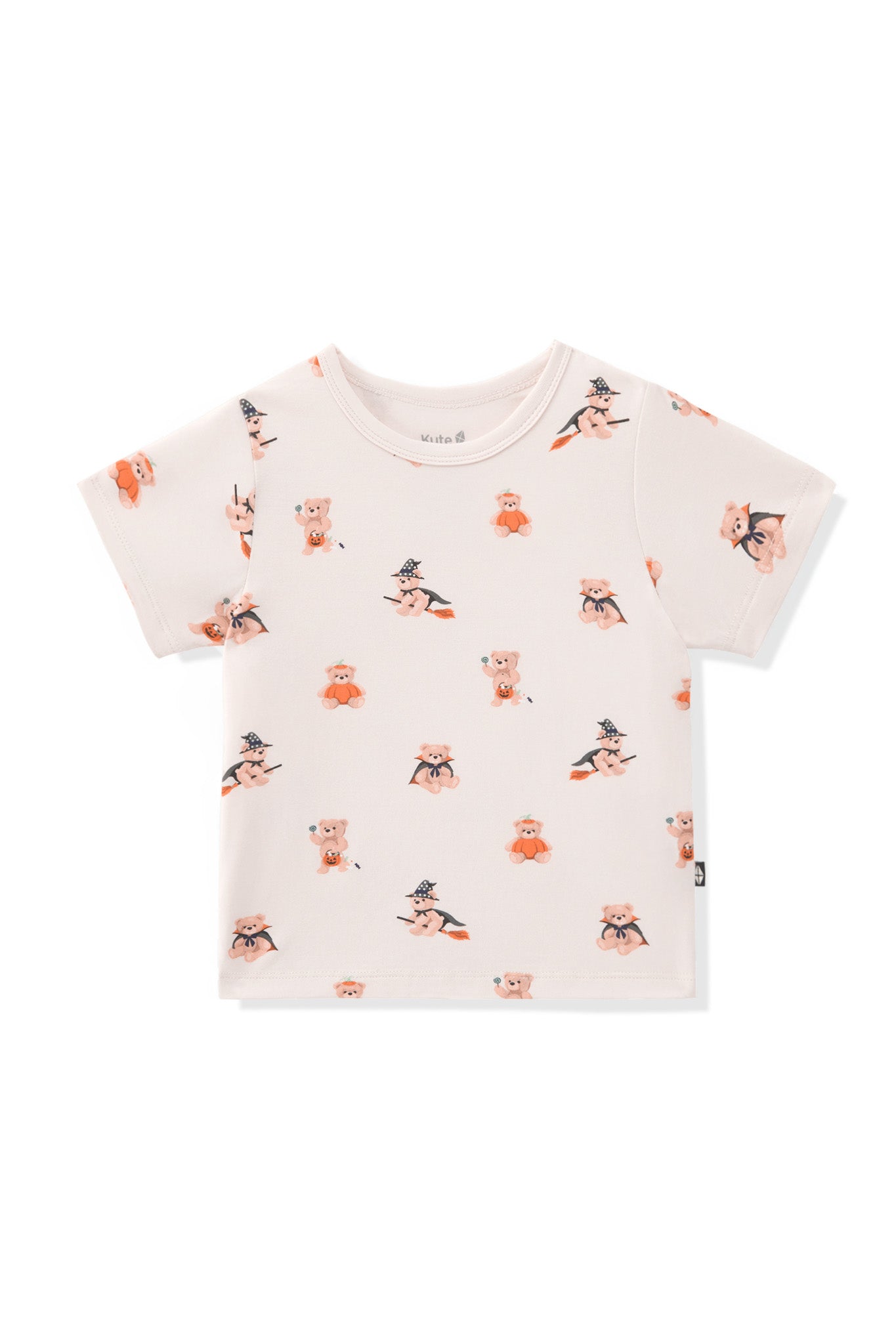 Beige Toddler Basic Tee in Halloween Teddy print on a white background