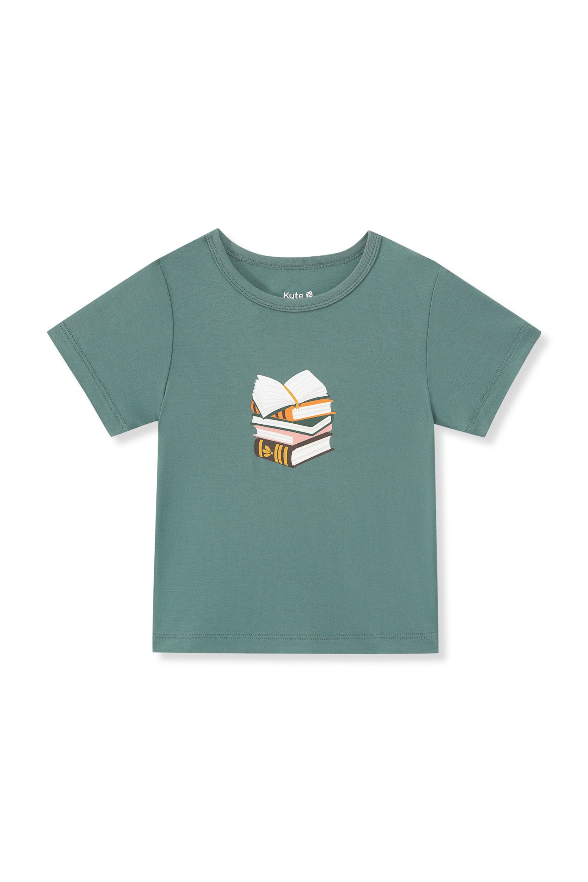 Pine Toddler Basic Tee in Book Club print on a white background