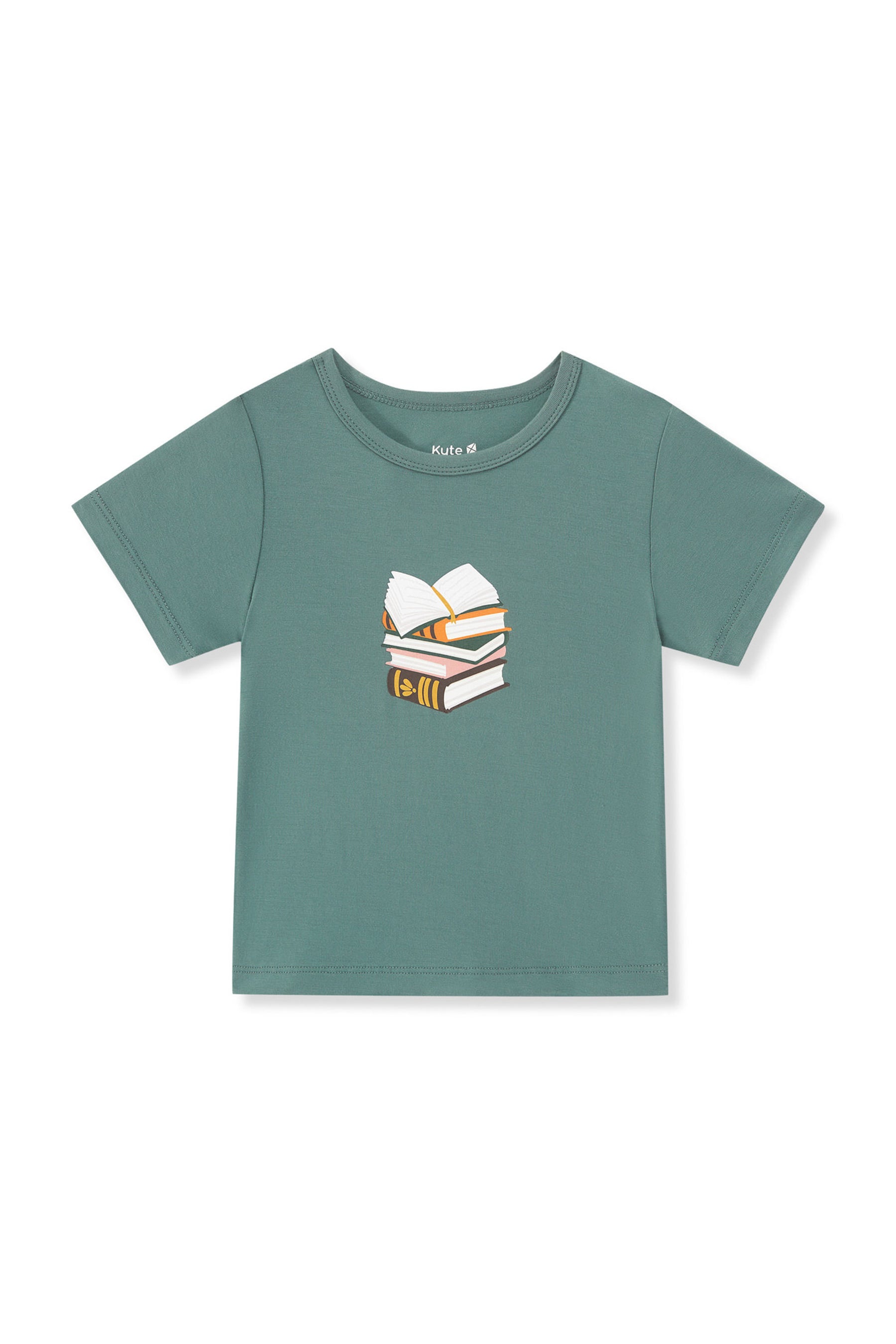 Pine Toddler Basic Tee in Book Club print on a white background