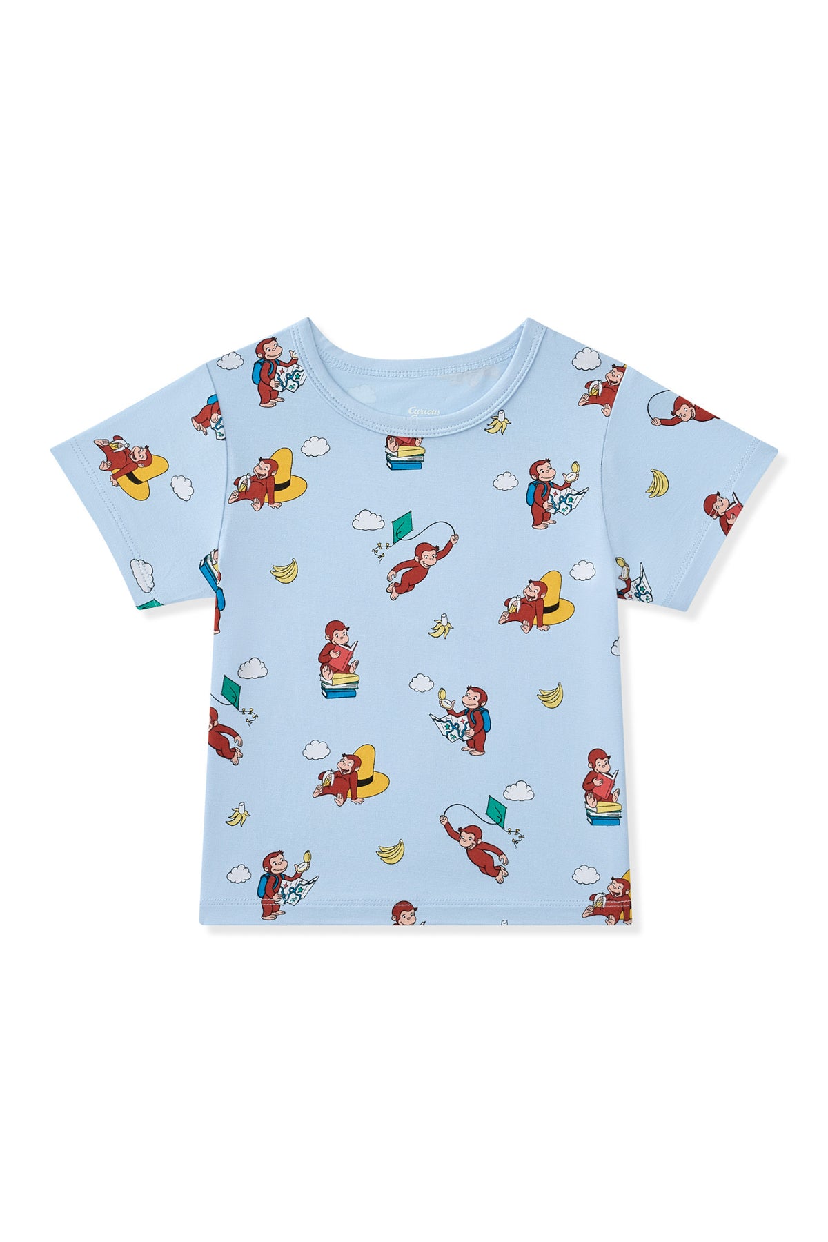 Blue Toddler Basic Tee in Curious George print on a white background
