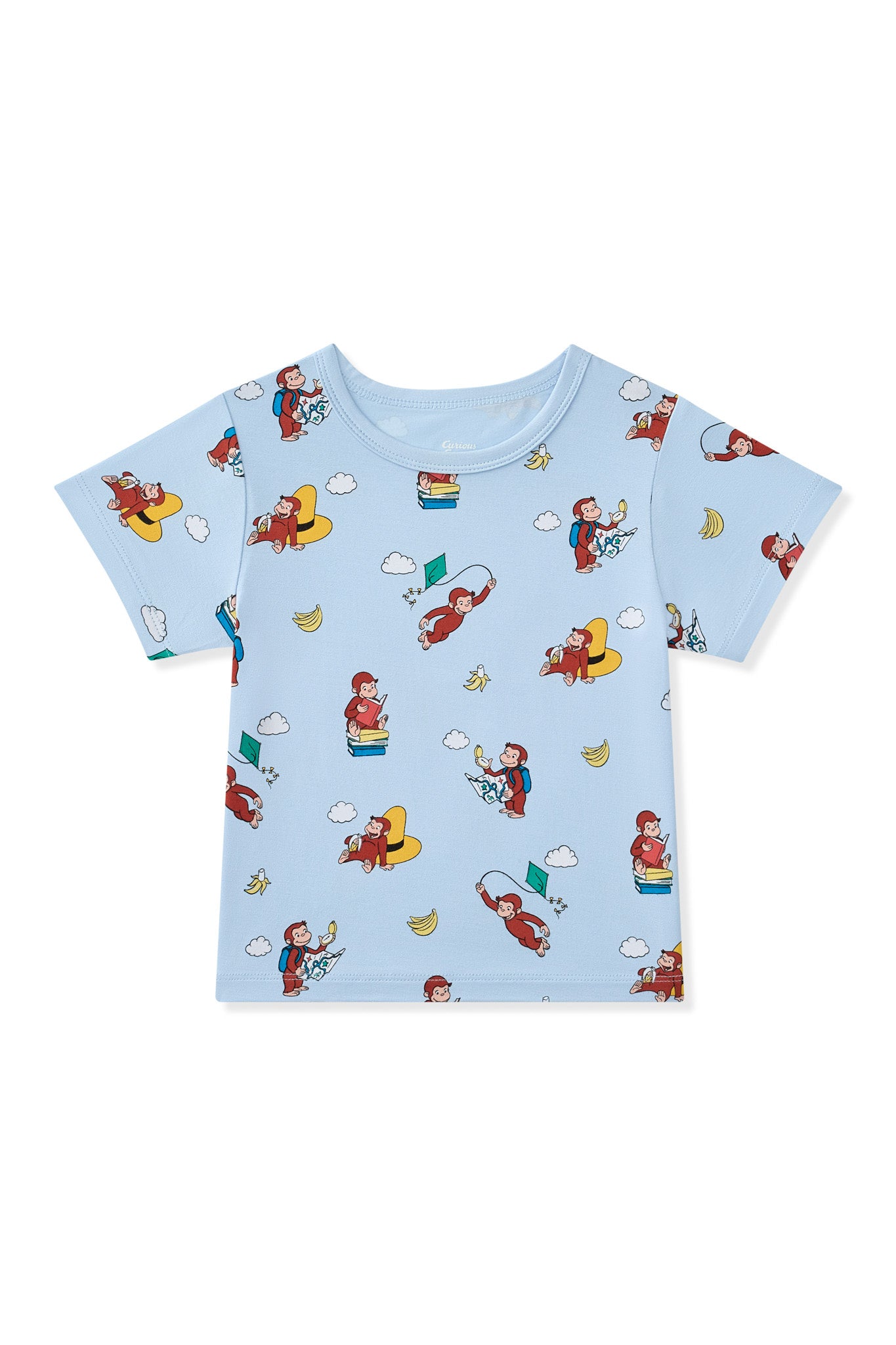 Blue Toddler Basic Tee in Curious George print on a white background