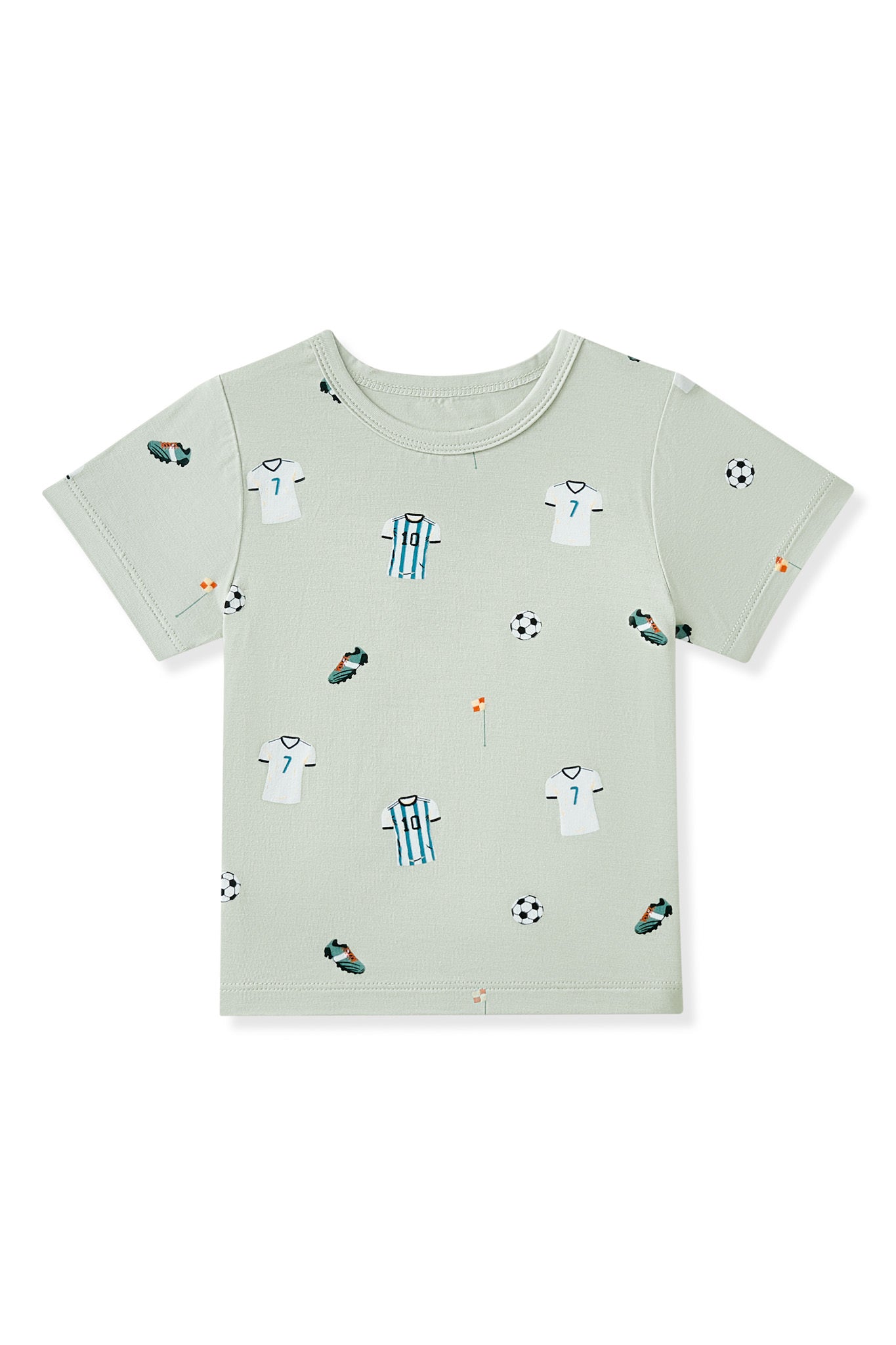 Toddler Basic Tee in Soccer print on white background