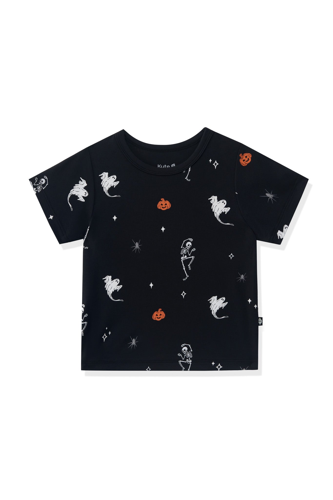 Black Toddler Basic Tee in Halloween Friends print on a white background