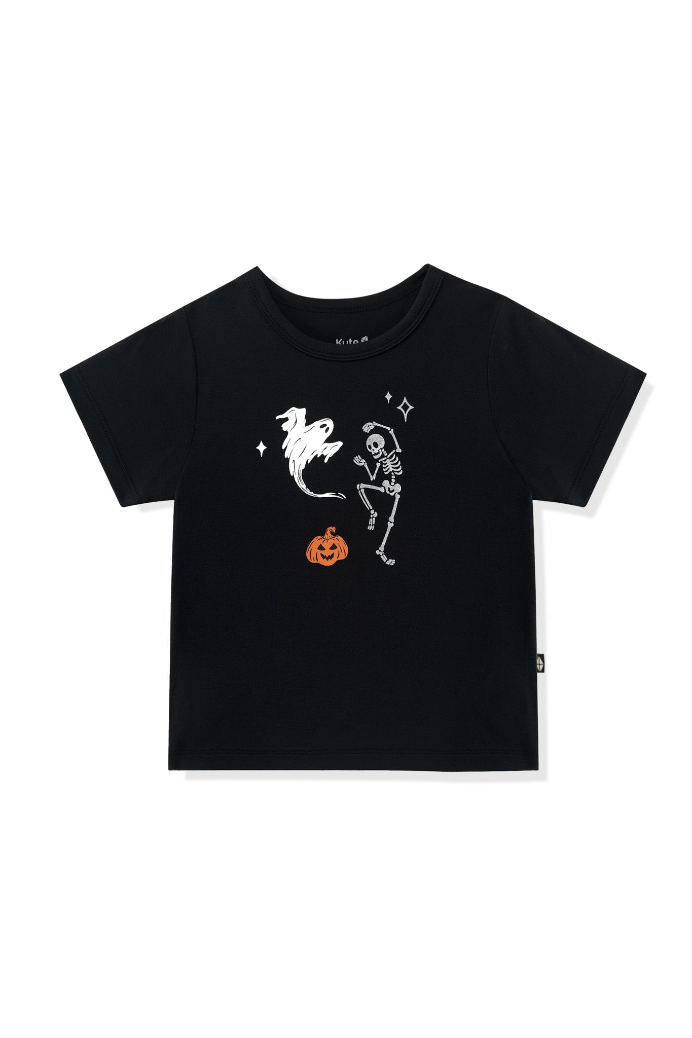 Black Toddler Basic Tee with Halloween Friends print in center on a white background