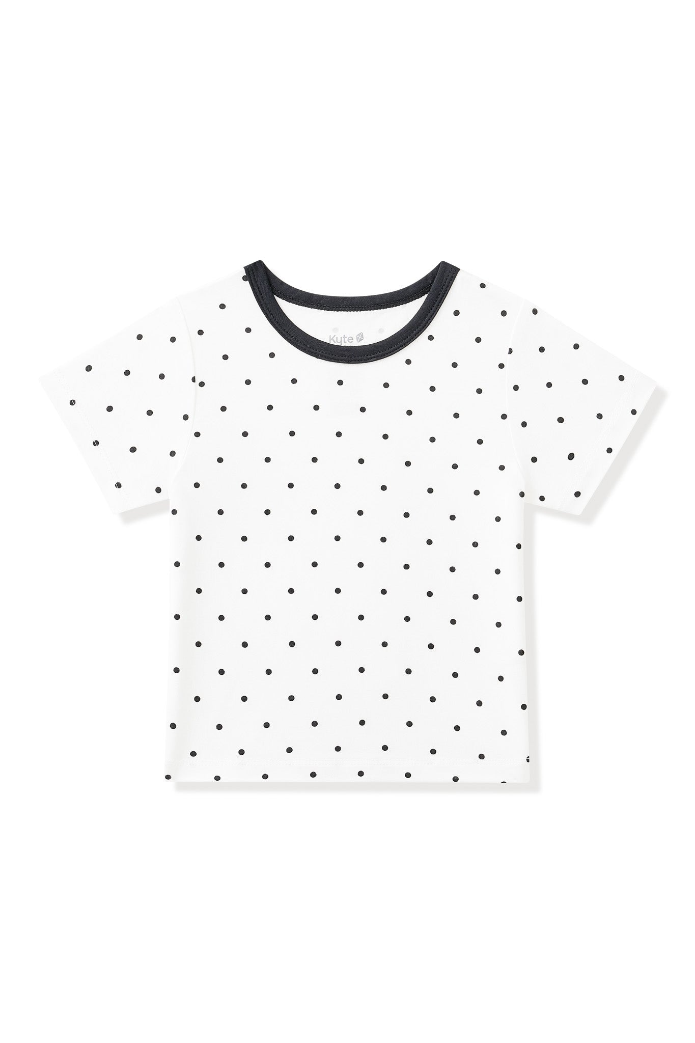 Toddler Basic Tee in Midnight Polka Dot with black piping on the neck on white background