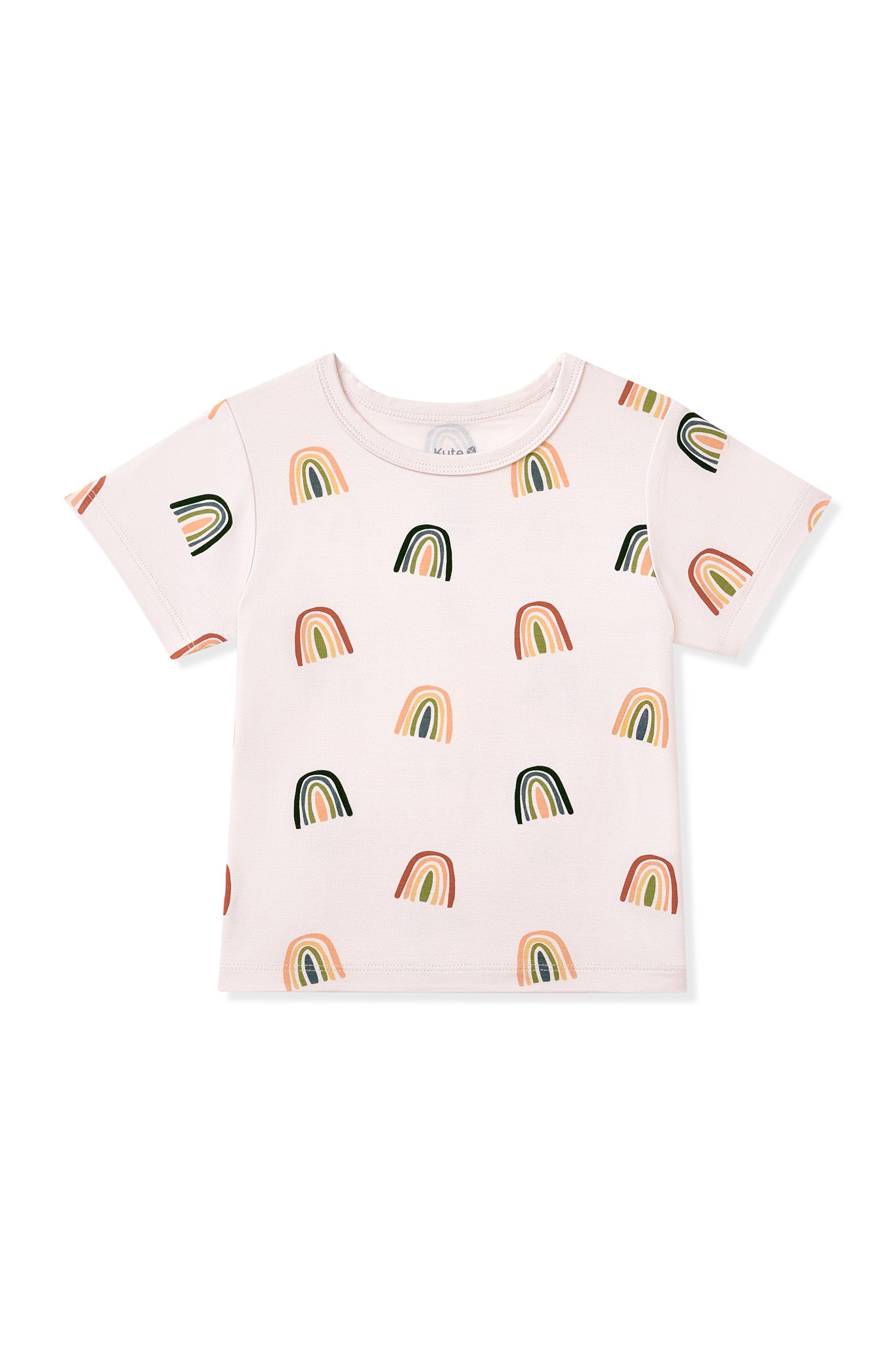 Vanilla cream Toddler Basic Tee in Retro Rainbow print on a white background