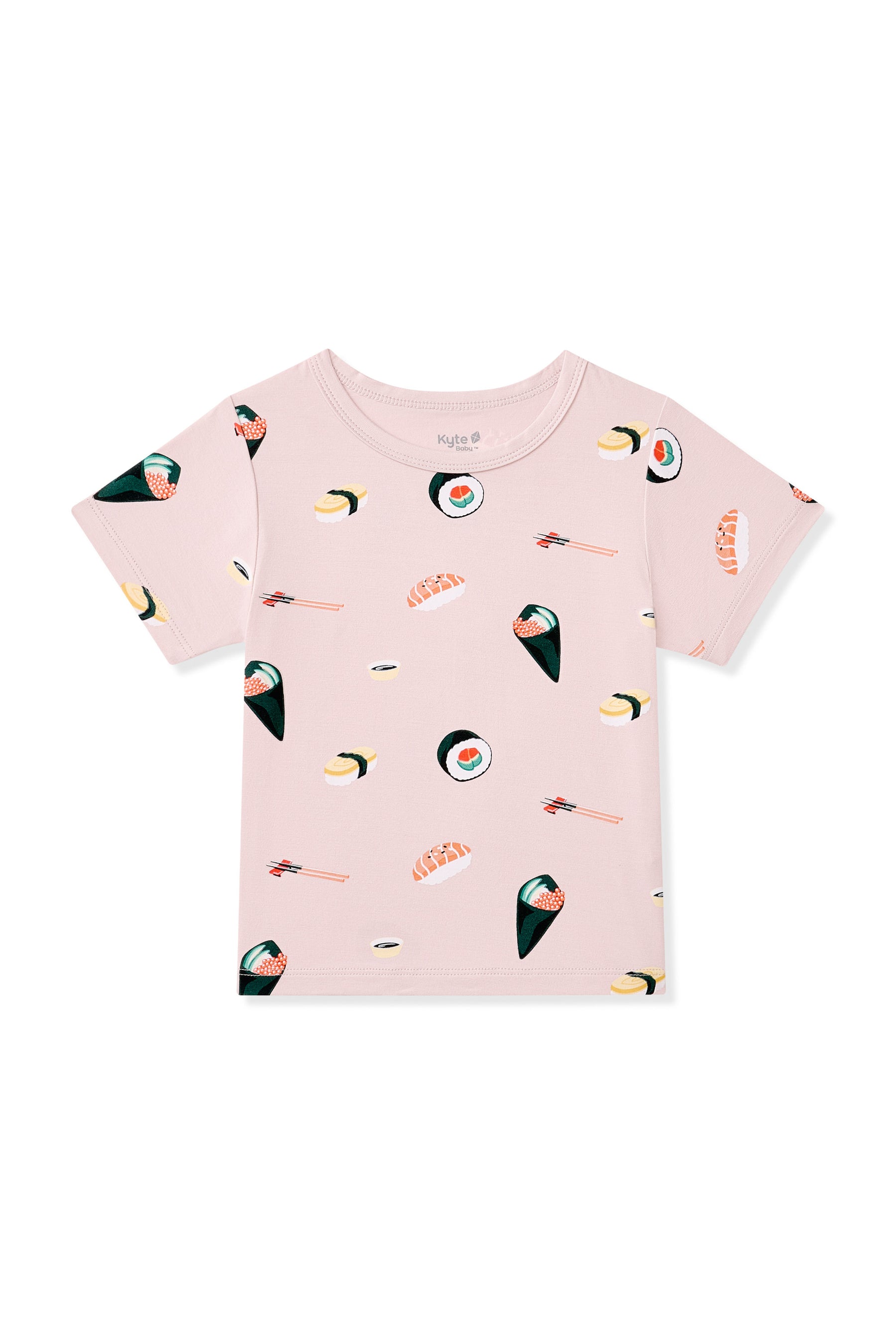 Pink Toddler Basic Tee with Sushi pattern on a white background