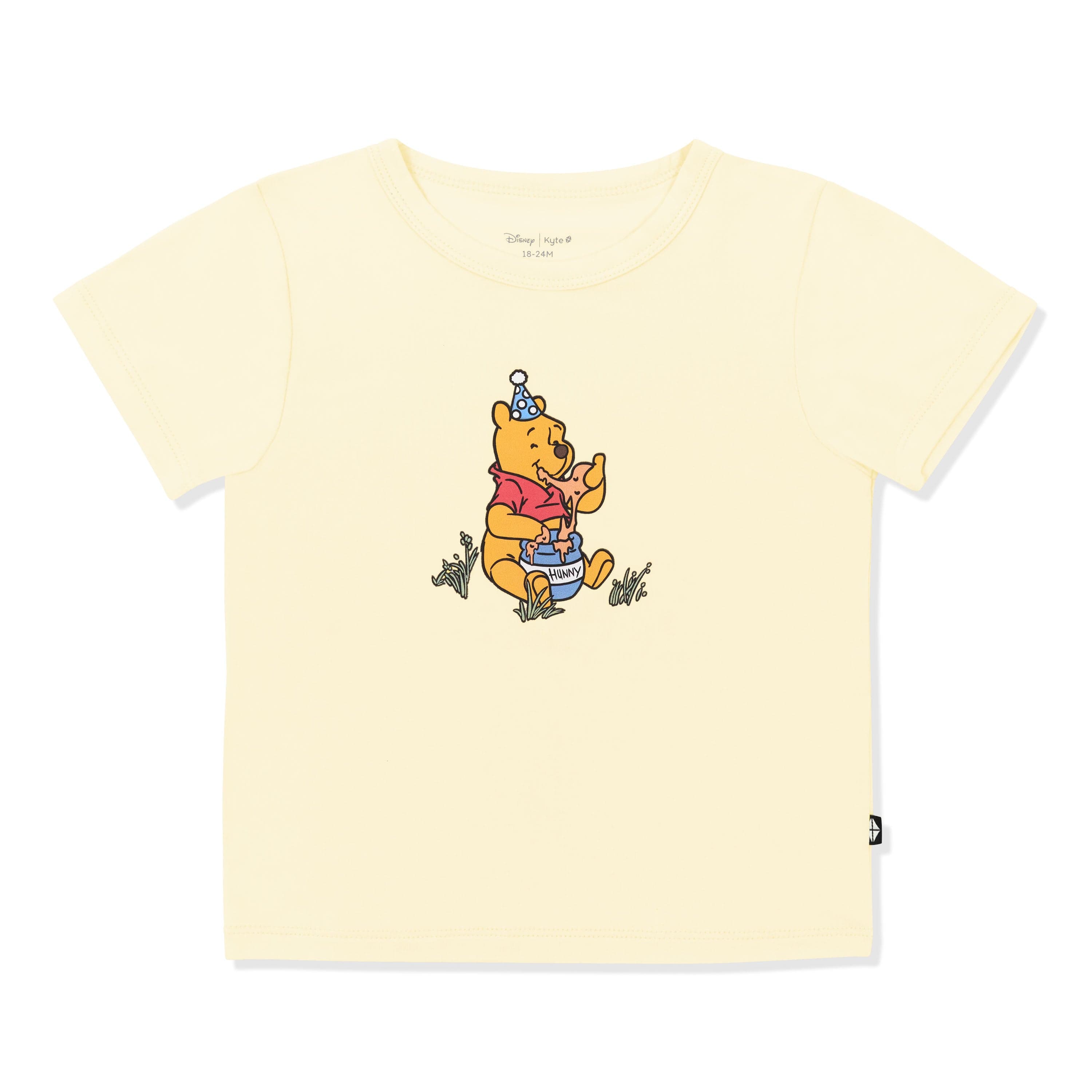 Light Yellow basic tee with the graphic of winnie the pooh sitting in grass eating honey out of a honey pot in the center of the shirt