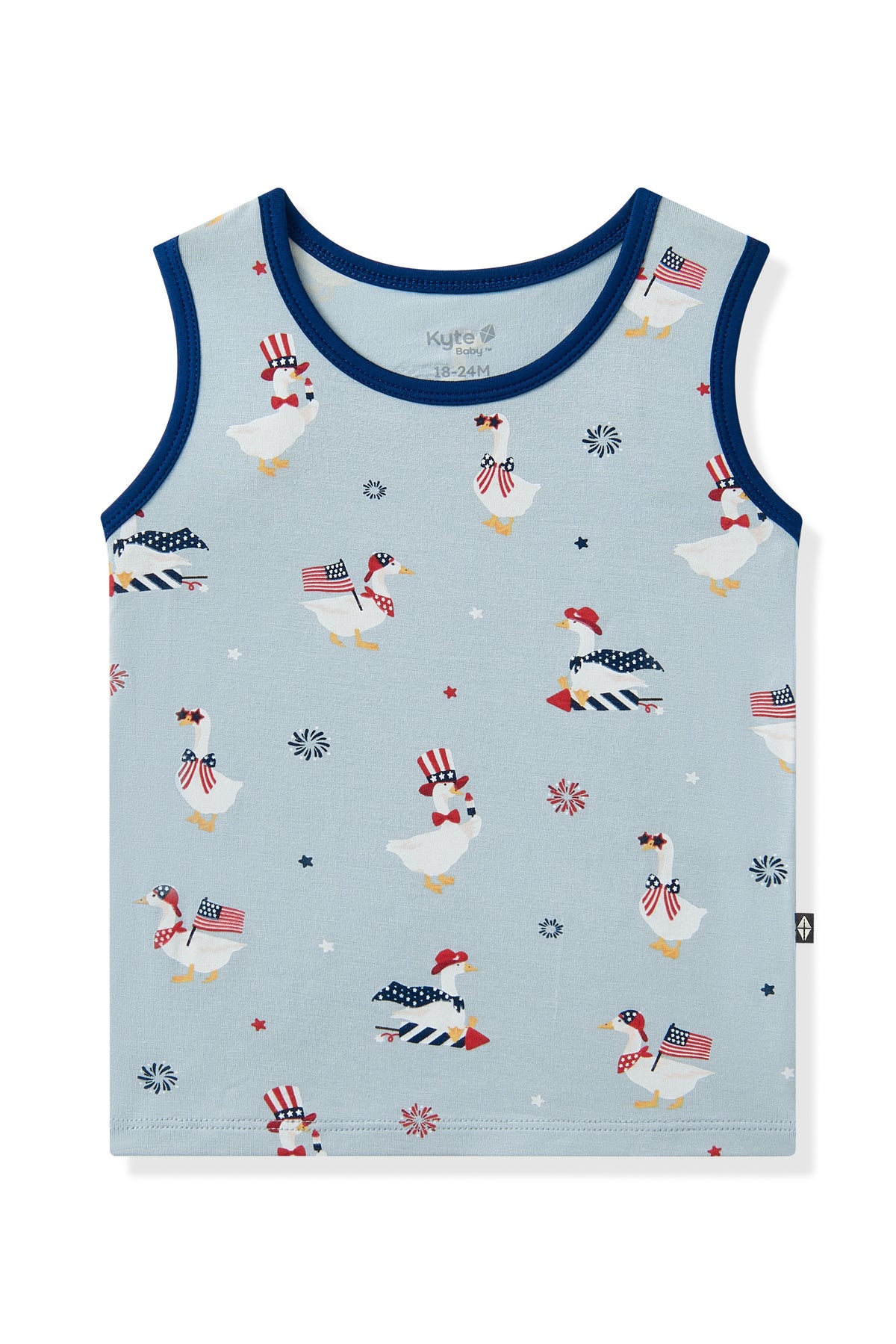 Light blue Toddler Tank Top in Patriotic Goose print with navy trim on a white background
