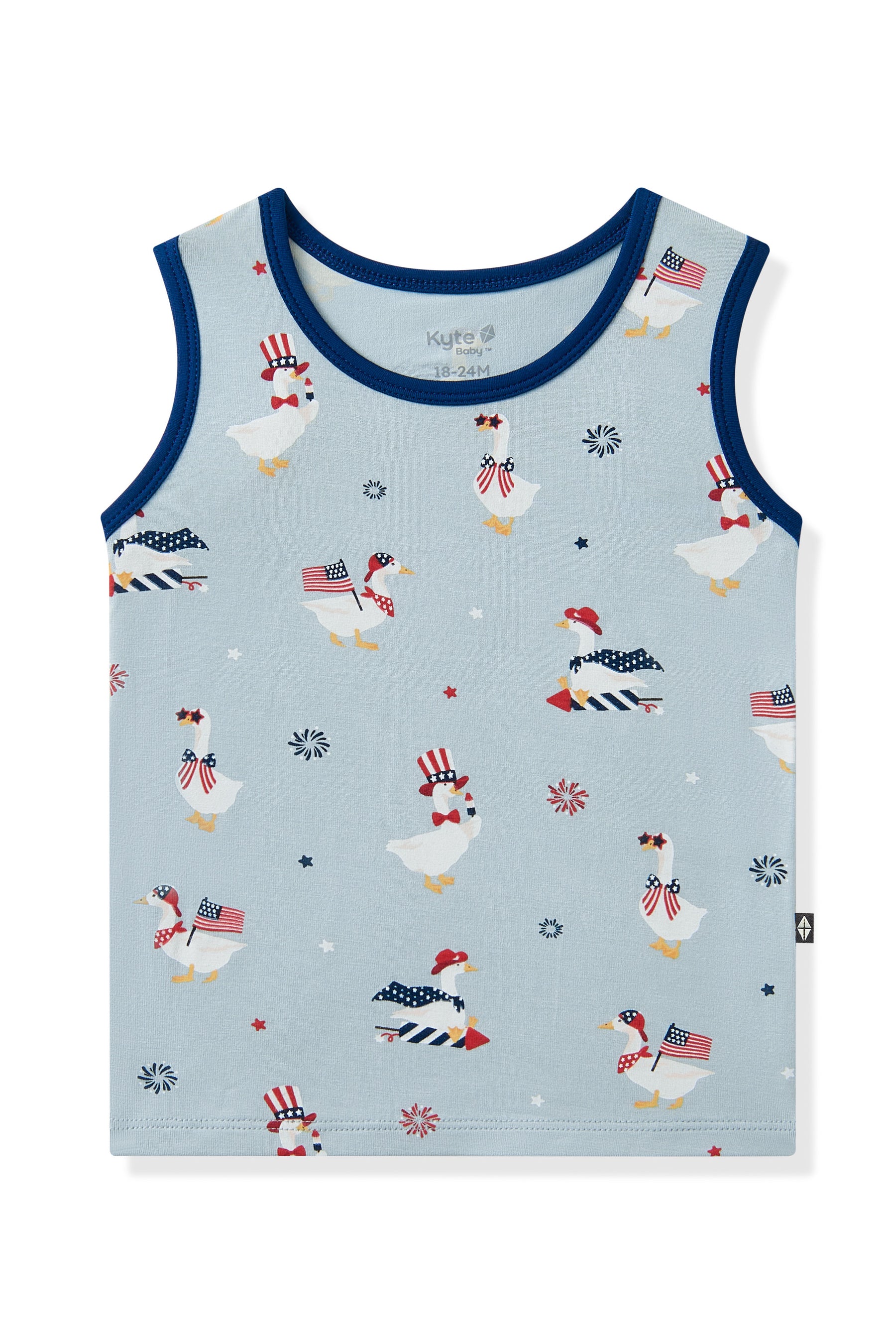 Light blue Toddler Tank Top in Patriotic Goose print with navy trim on a white background
