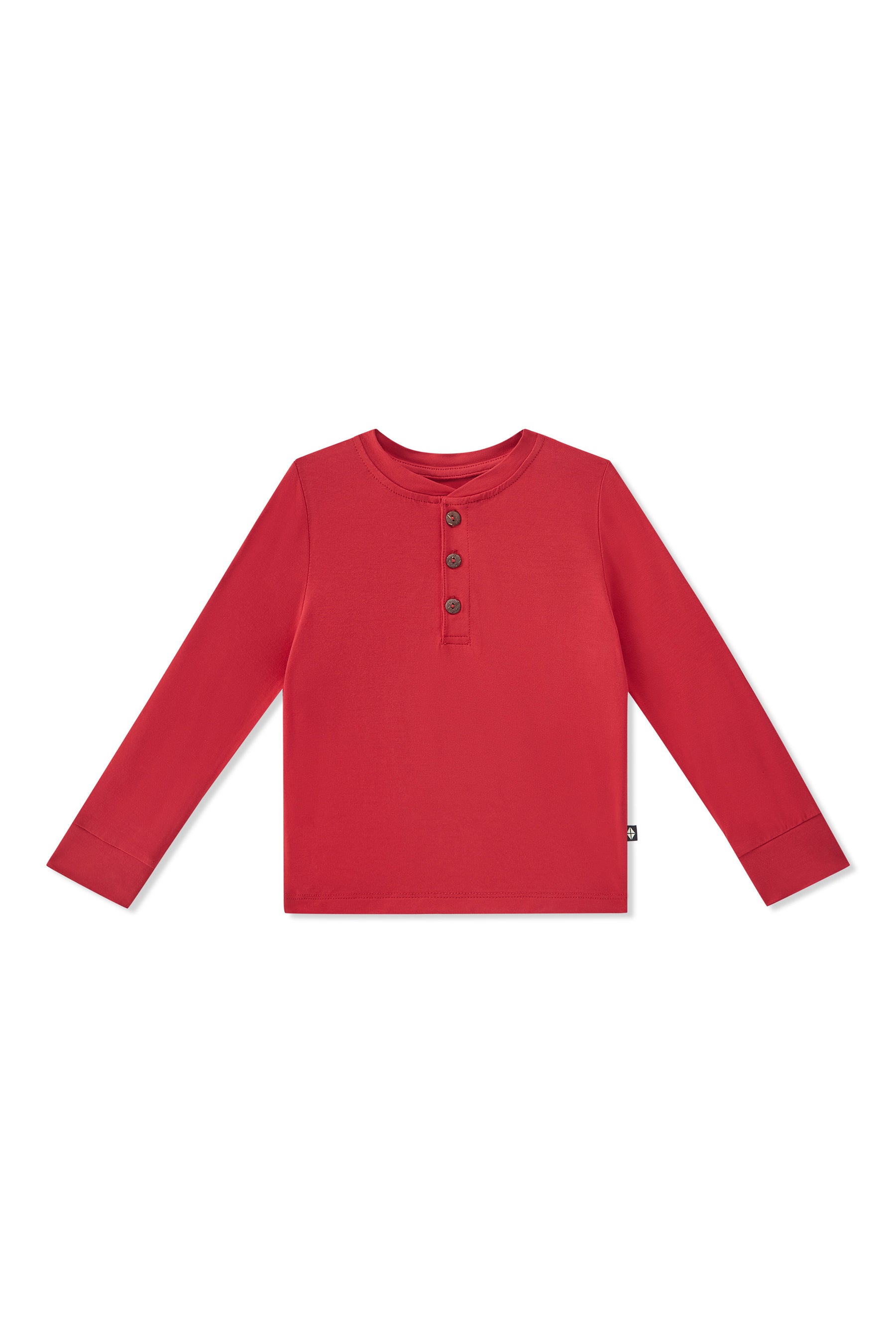 A red long-sleeve henley shirt with three dark buttons on the chest, displayed flat against a solid white background.