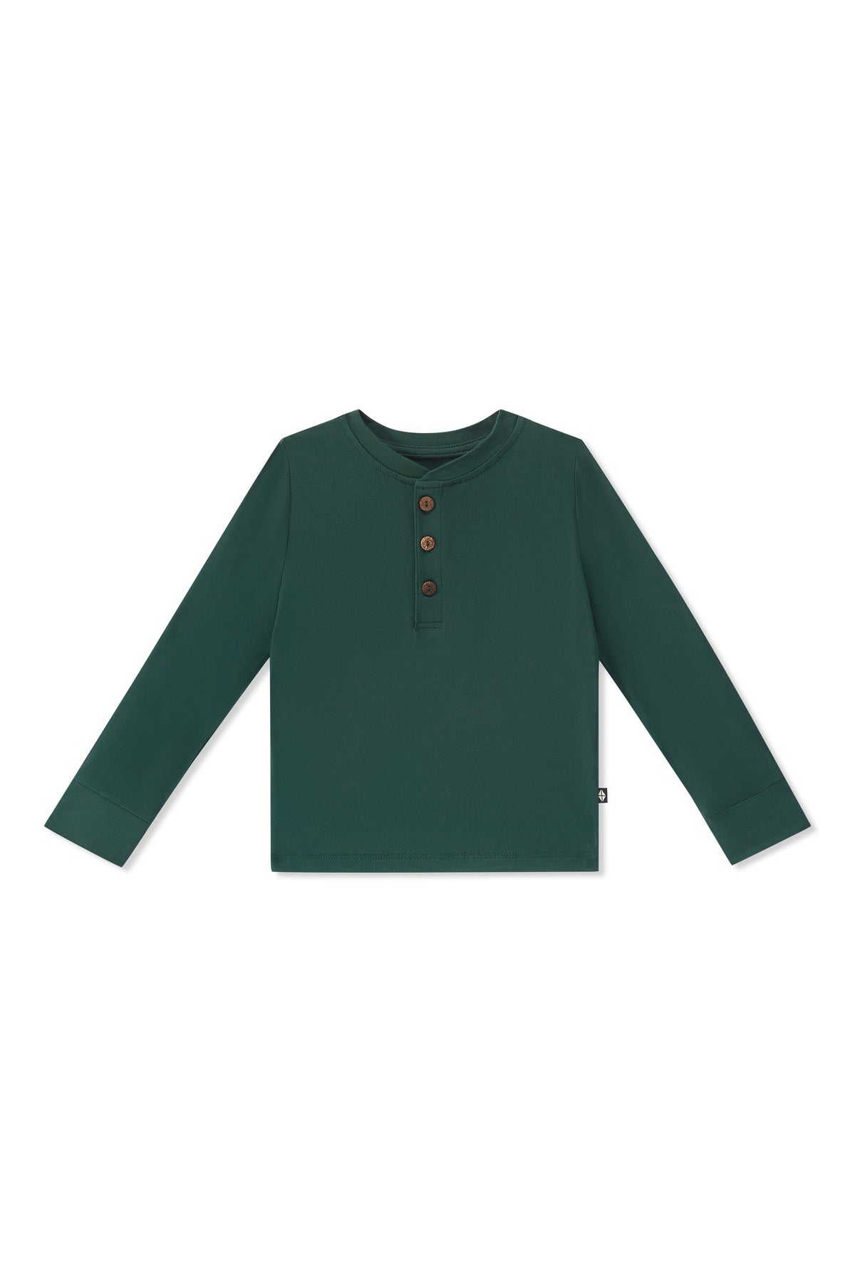 A dark green long-sleeve henley shirt with three brown buttons on the chest, displayed flat against a plain white background.