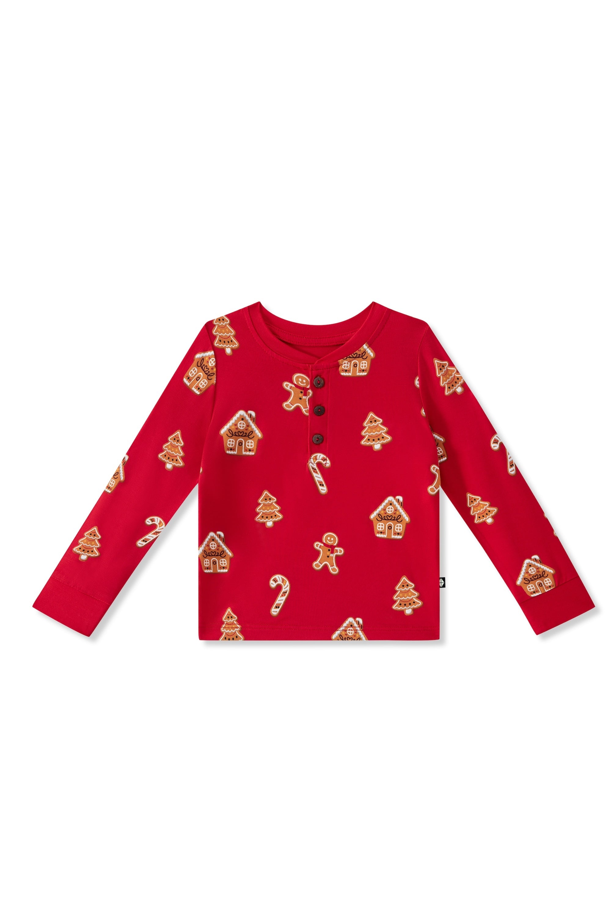 Long Sleeve Toddler Henley Tee in Gingerbread print on a white background