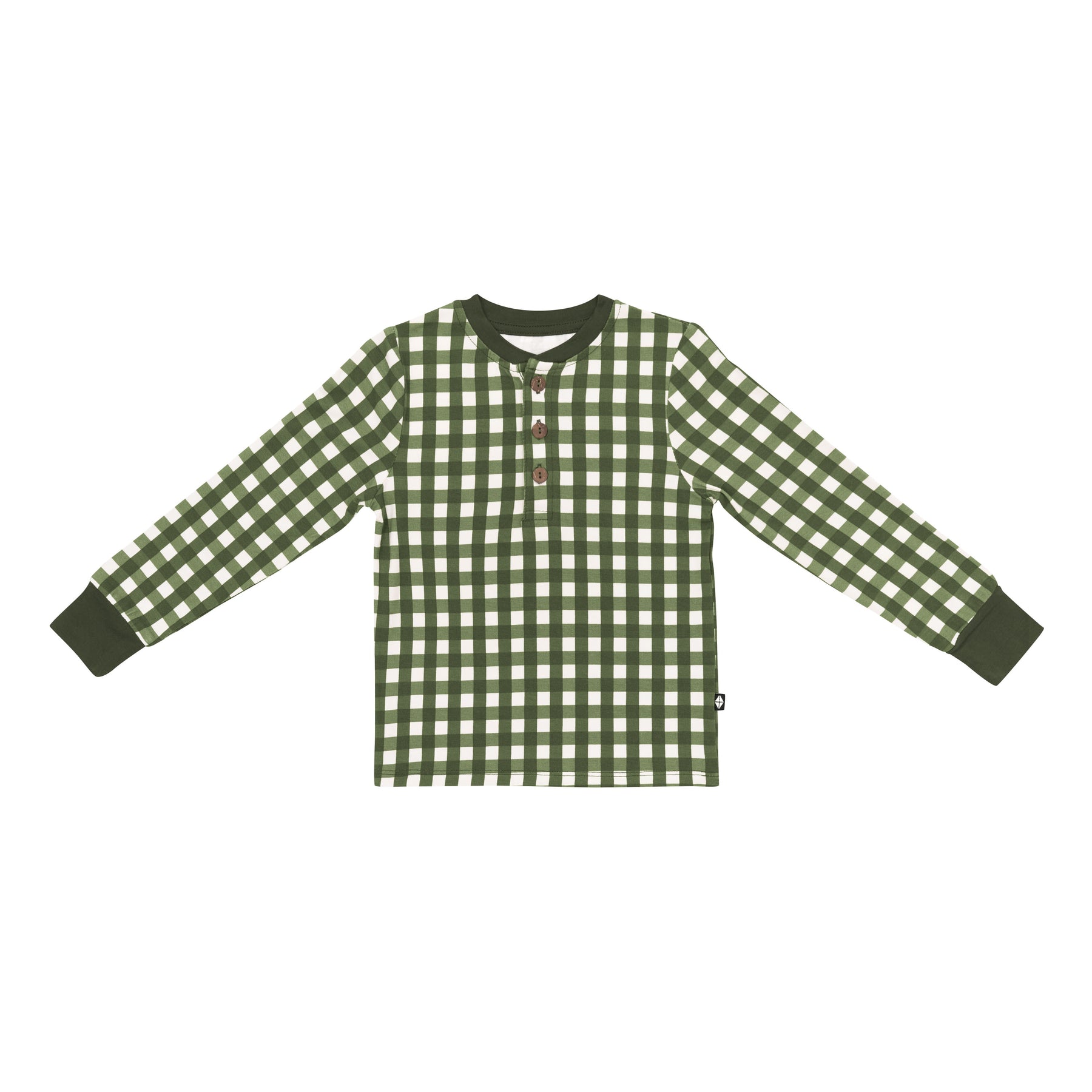 Product of the Long Sleeve Toddler Henley Tee in Gingham Fir showing the Fir accent neck trim and fir wrist cuffs