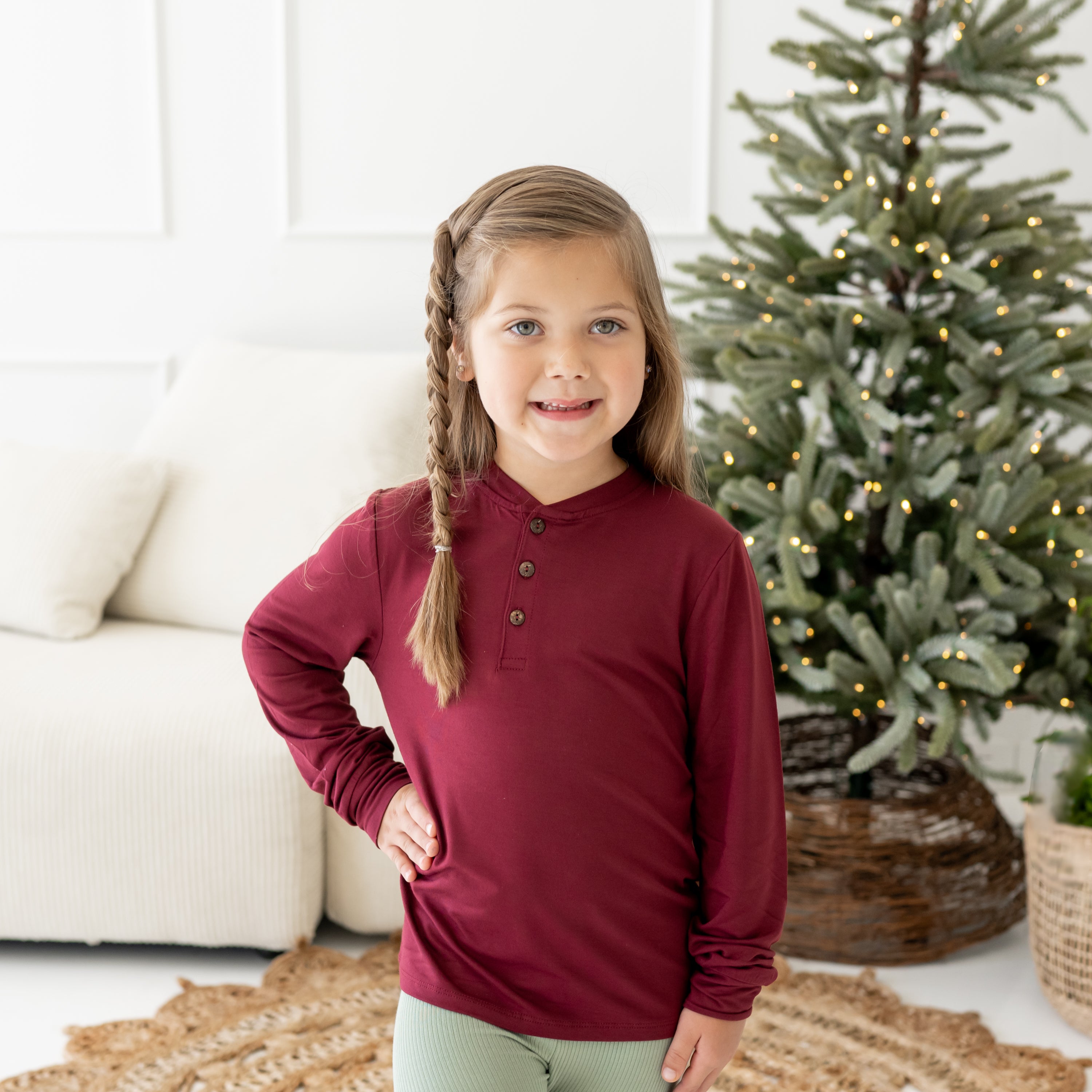 Long Sleeve Toddler Henley Tee in Burgundy