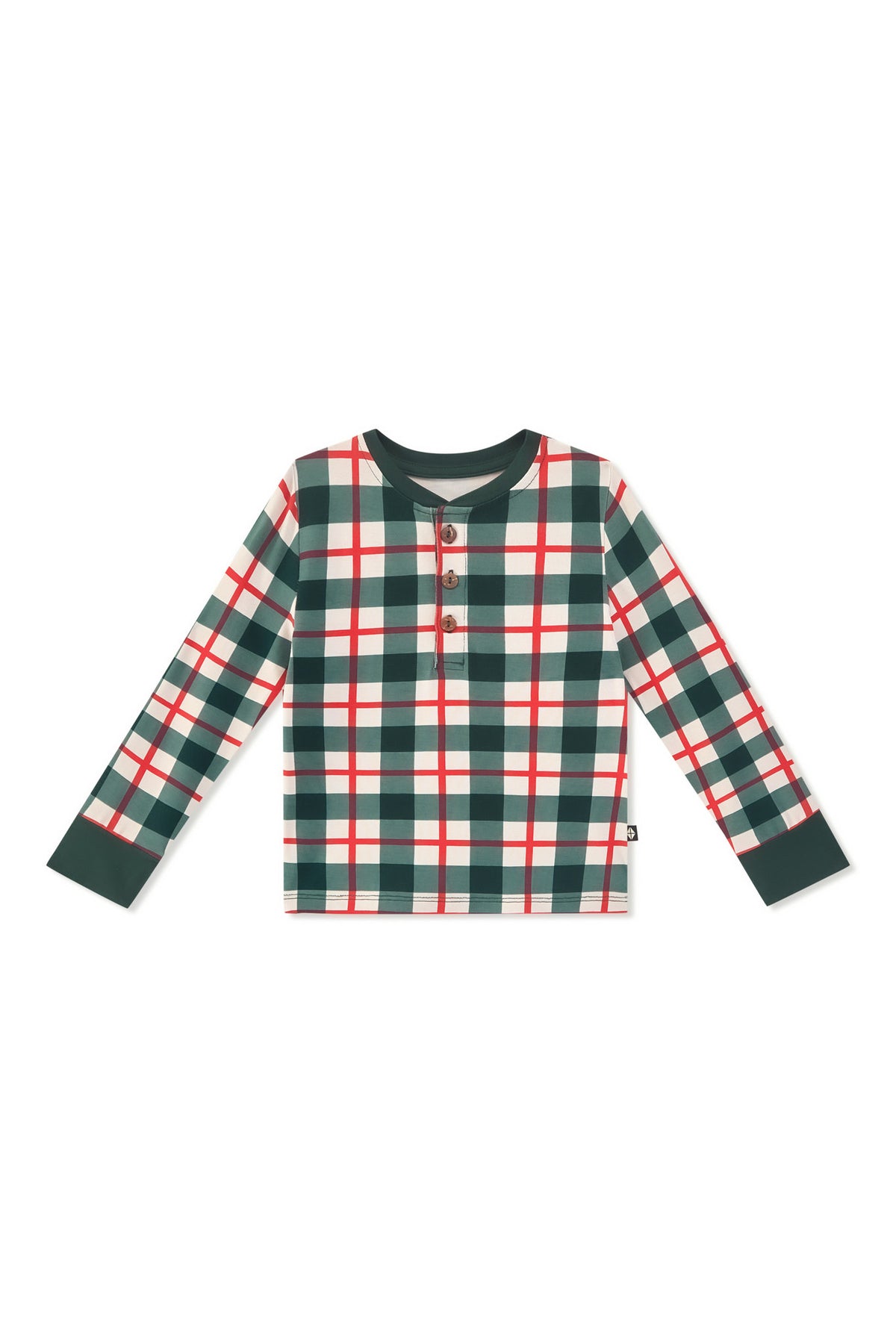 A long-sleeve children's henley shirt featuring a festive green, red, and white plaid pattern, displayed flat against a solid white background.
