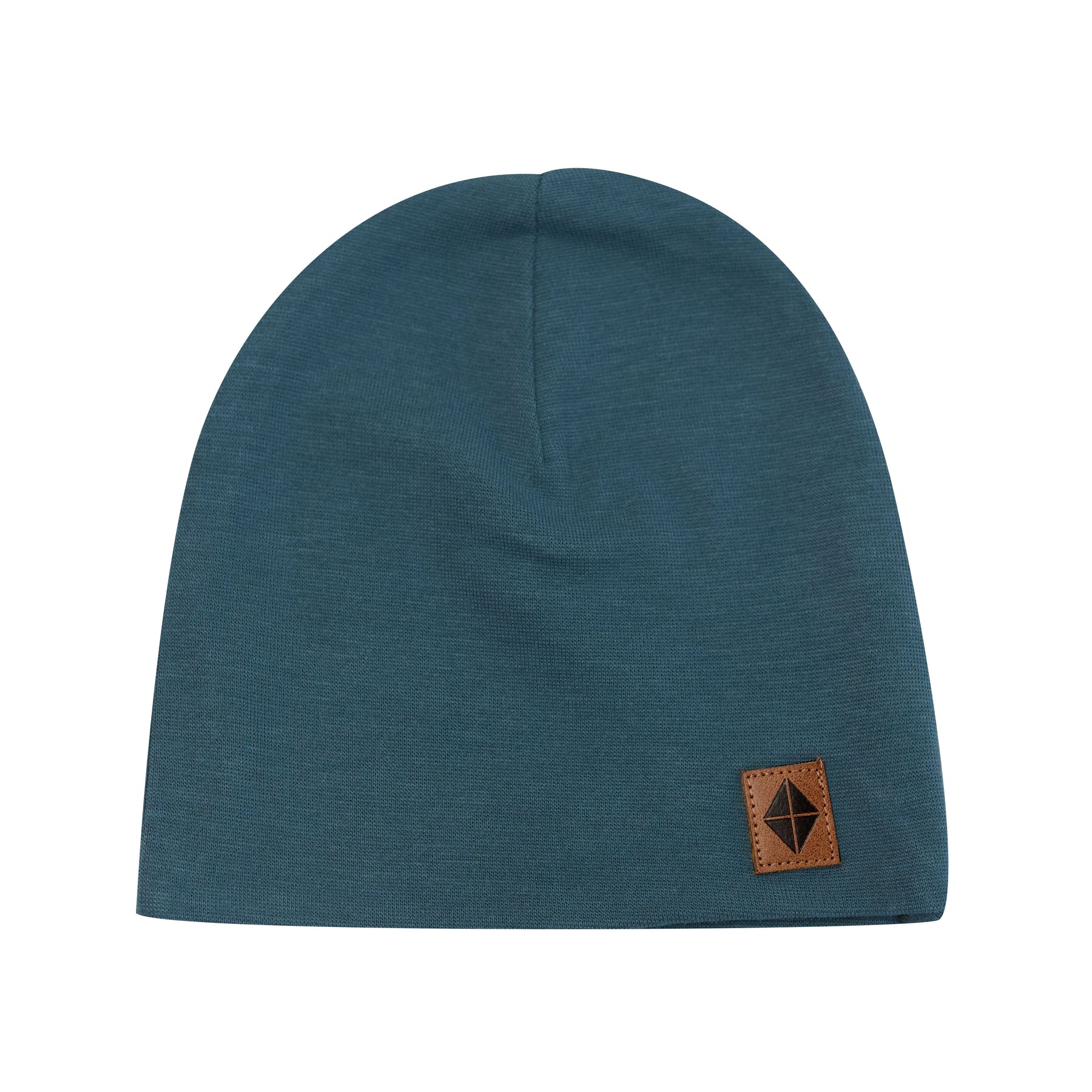 Bamboo Jersey Beanie in Atlantic with vegan leather tag