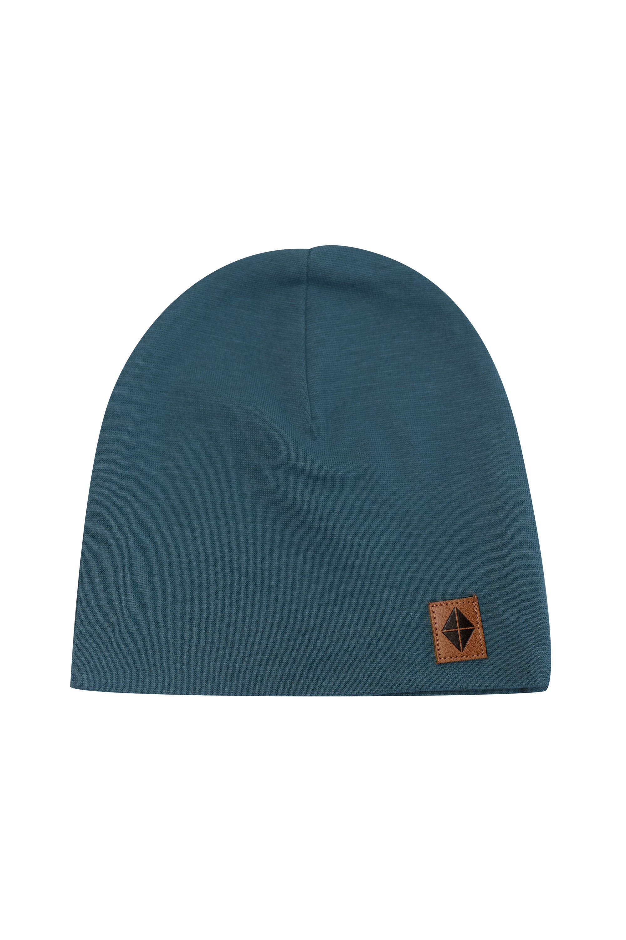 Bamboo Jersey Beanie in Atlantic with vegan leather tag