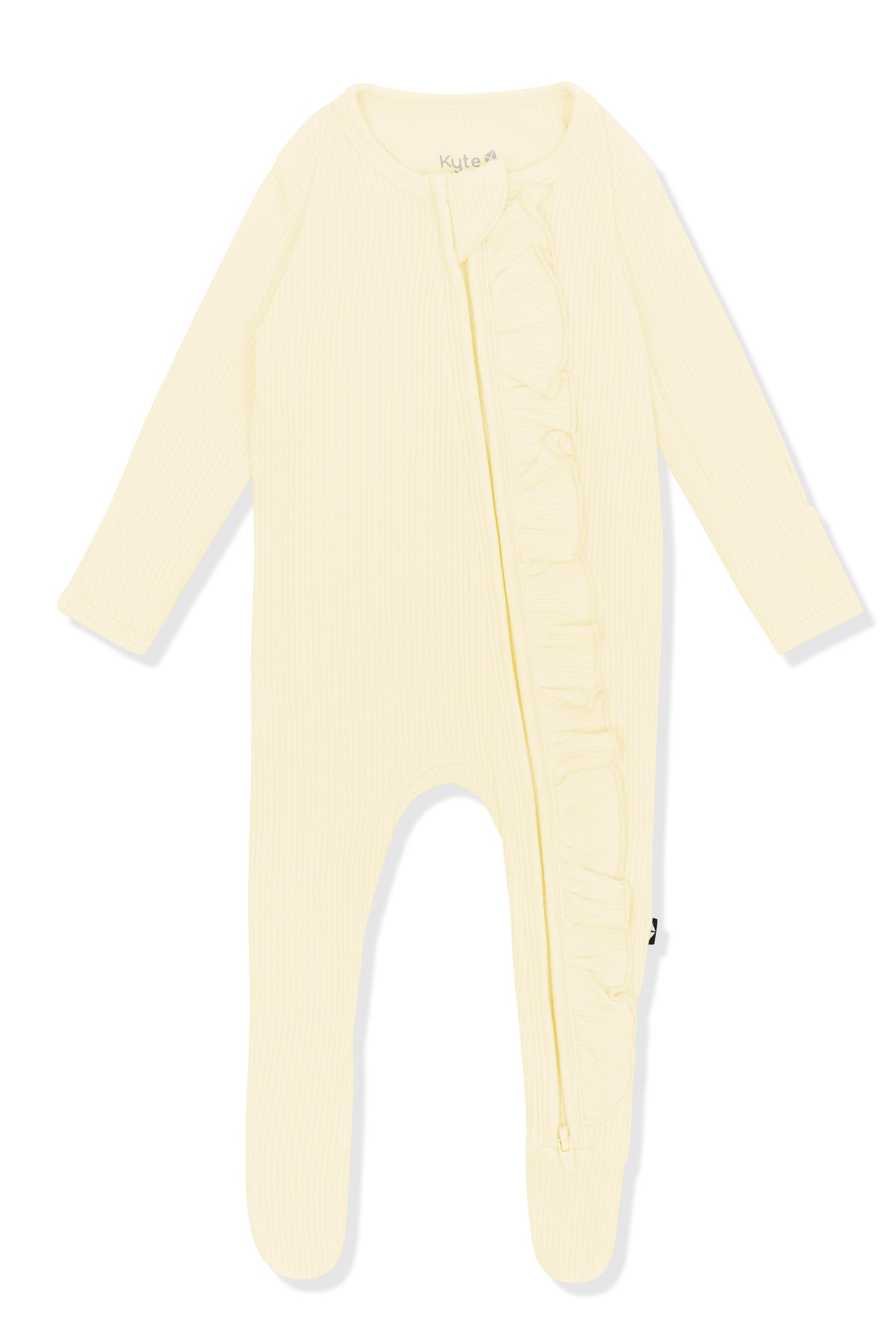 Product photo of the Ribbed Ruffle Zipper Footie in Chamomile on a white background