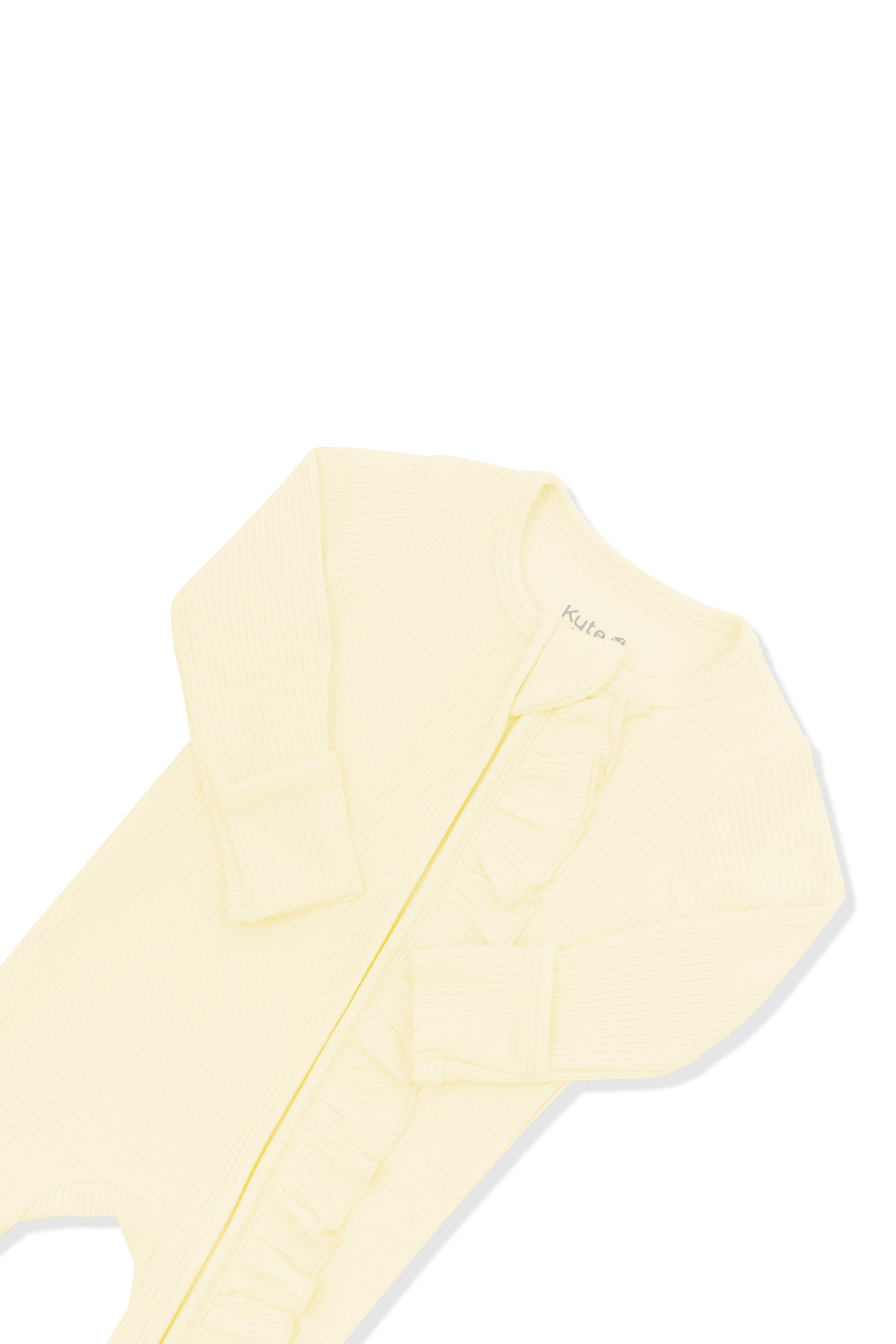 Close up of the zipper garage and fold over hand cuffs shown on the Ribbed Ruffle Zipper Footie in Chamomile