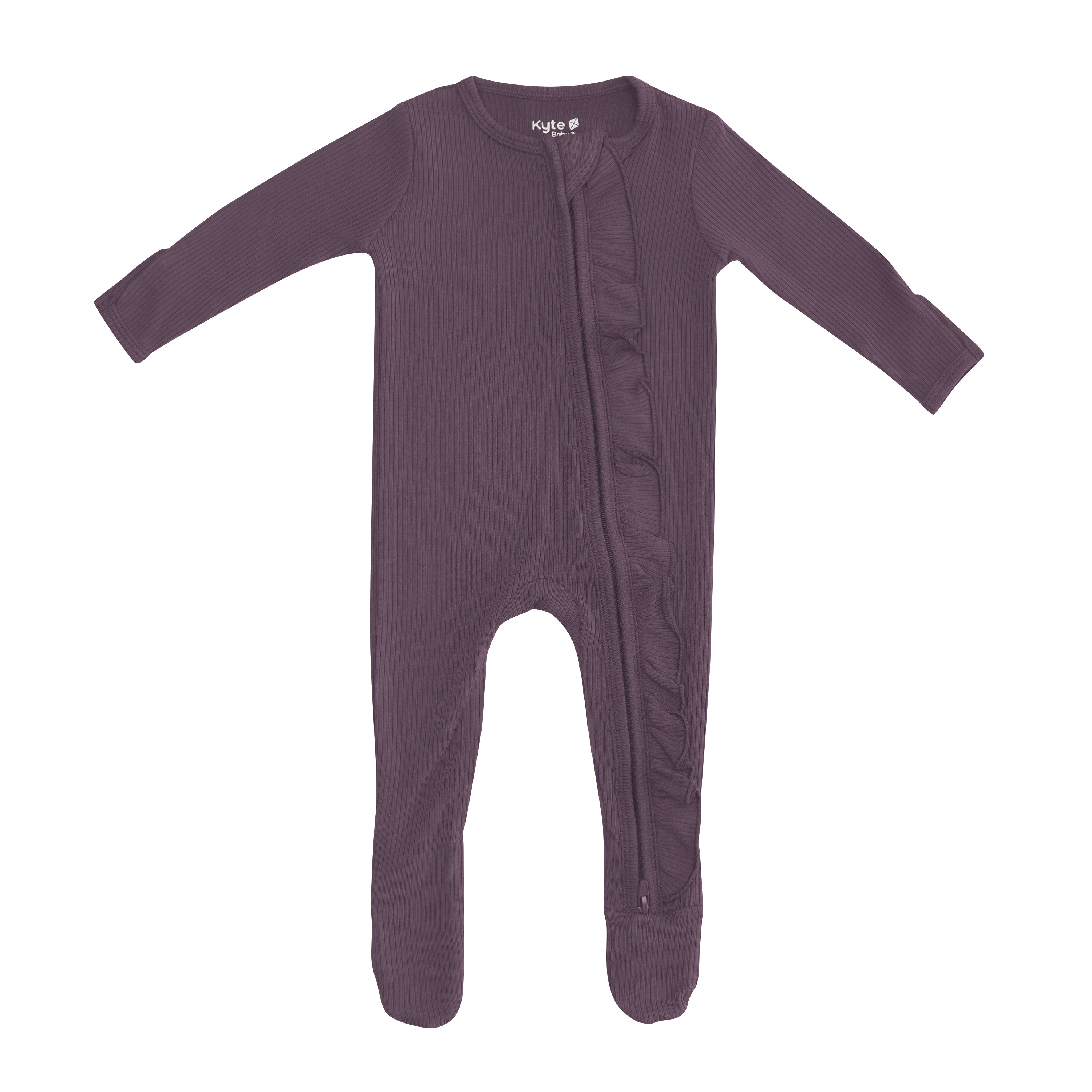 Ribbed Ruffle Zipper Footie in Currant