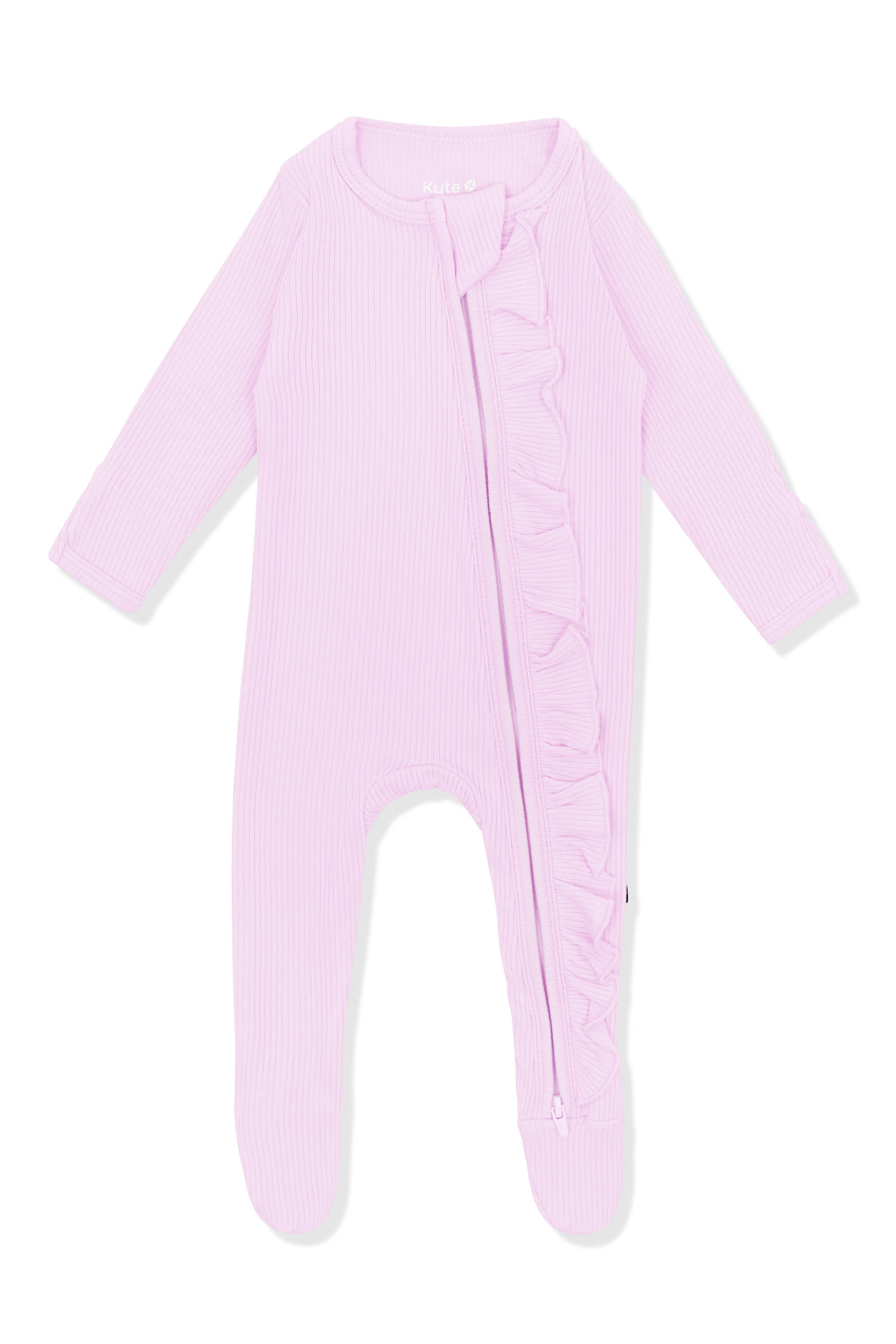 Product photo of the Ribbed Ruffle Zipper Footie in Thistle on a white surface