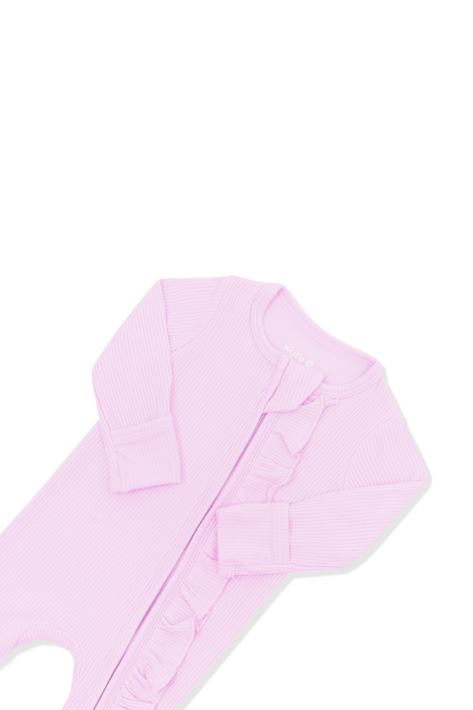 Close up of the zipper garage, fold over hand cuffs and the ruffle fabric zipper trim on the Ribbed Ruffle Zipper Footie in Thistle