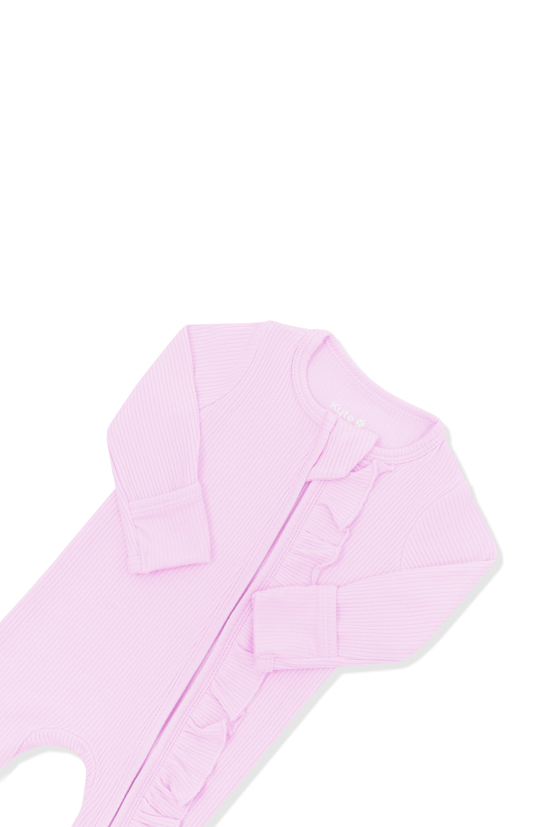 Close up of the zipper garage, fold over hand cuffs and the ruffle fabric zipper trim on the Ribbed Ruffle Zipper Footie in Thistle