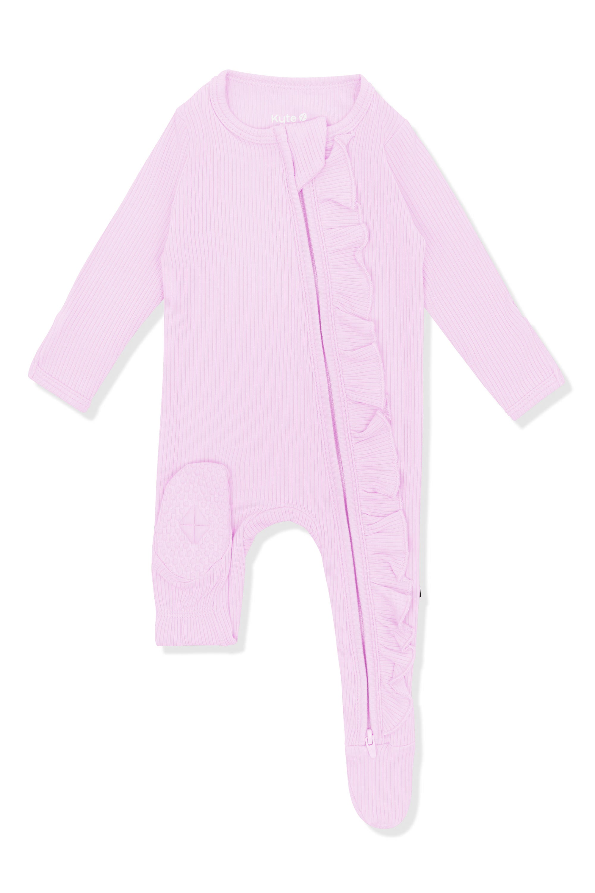 Bottom of the foot pad shown on the Ribbed Ruffle Zipper Footie in Thistle