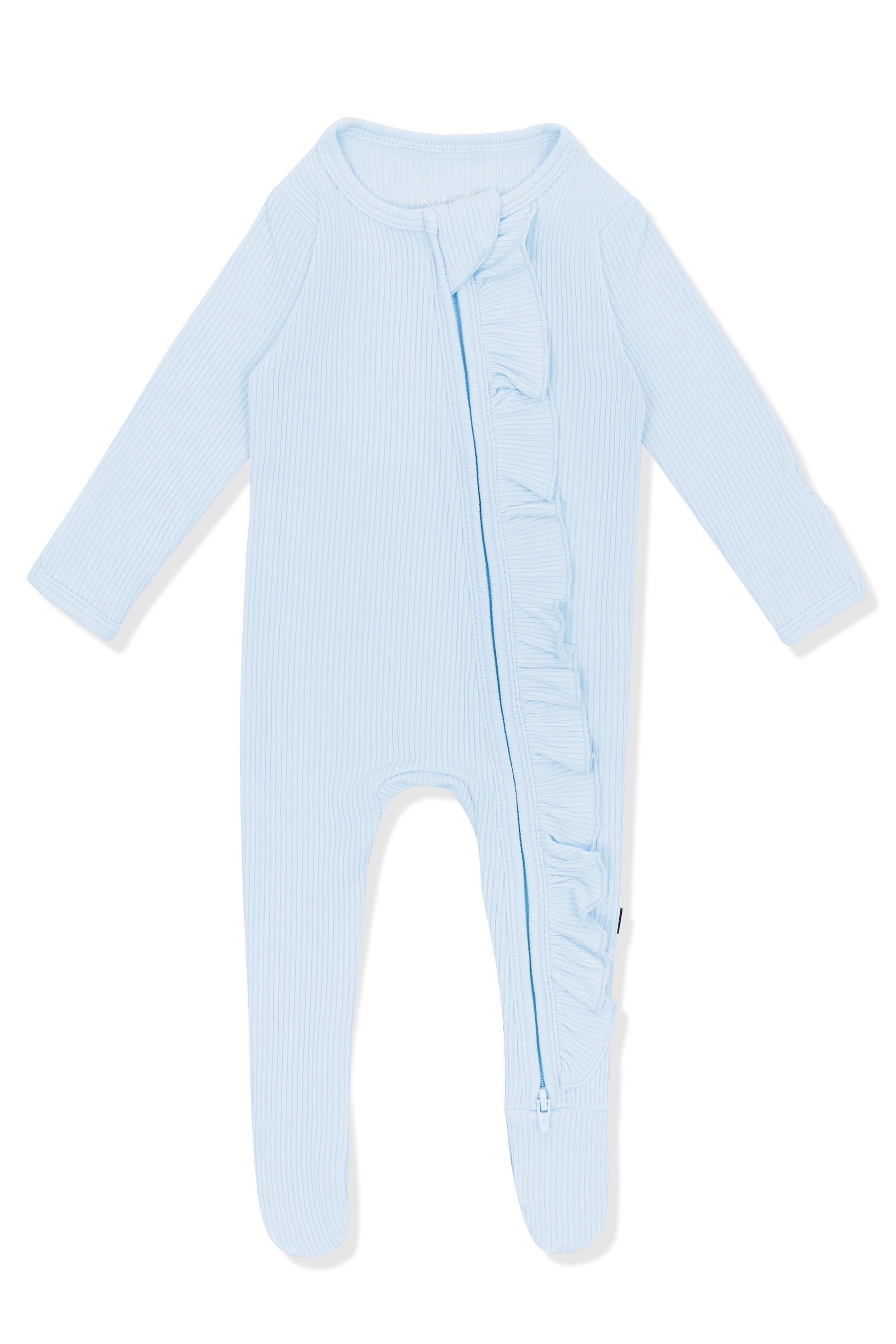 Product photo of the Ribbed Ruffle Zipper Footie in Breeze on a white background