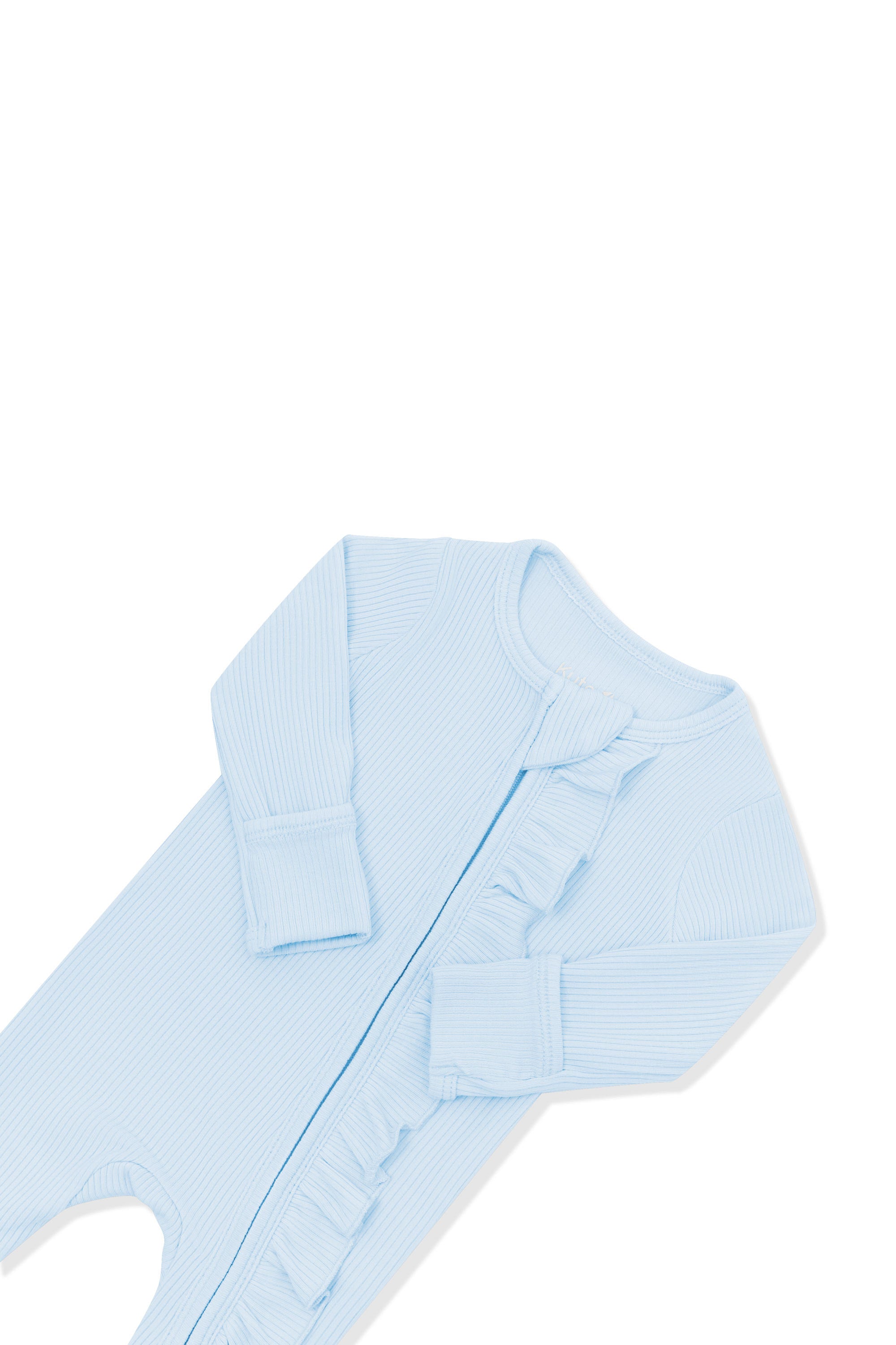 Close up of the zipper garage, fold over hand cuffs and ruffle zipper on the Ribbed Ruffle Zipper Footie in Breeze