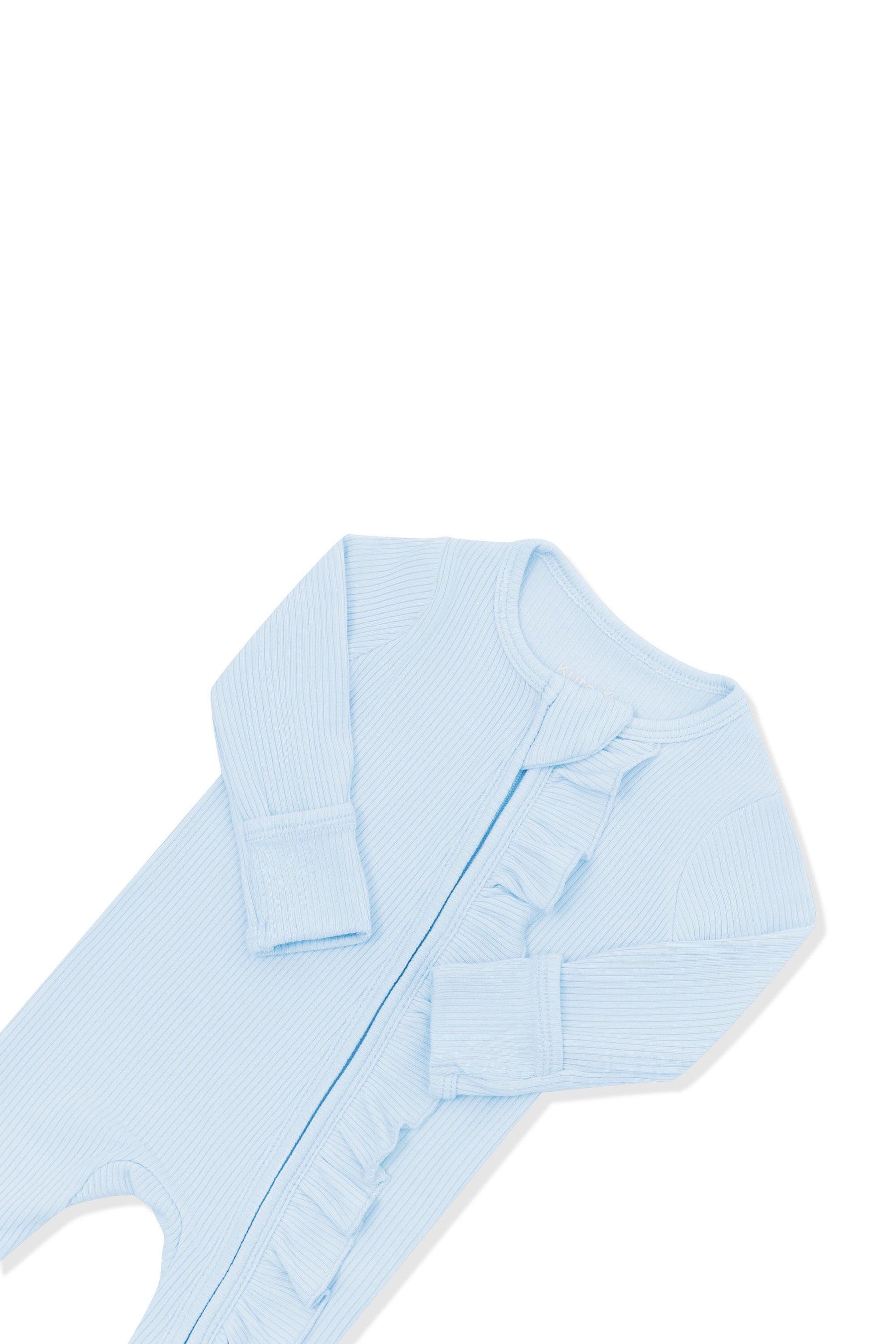 Close up of the zipper garage, fold over hand cuffs and ruffle zipper on the Ribbed Ruffle Zipper Footie in Breeze