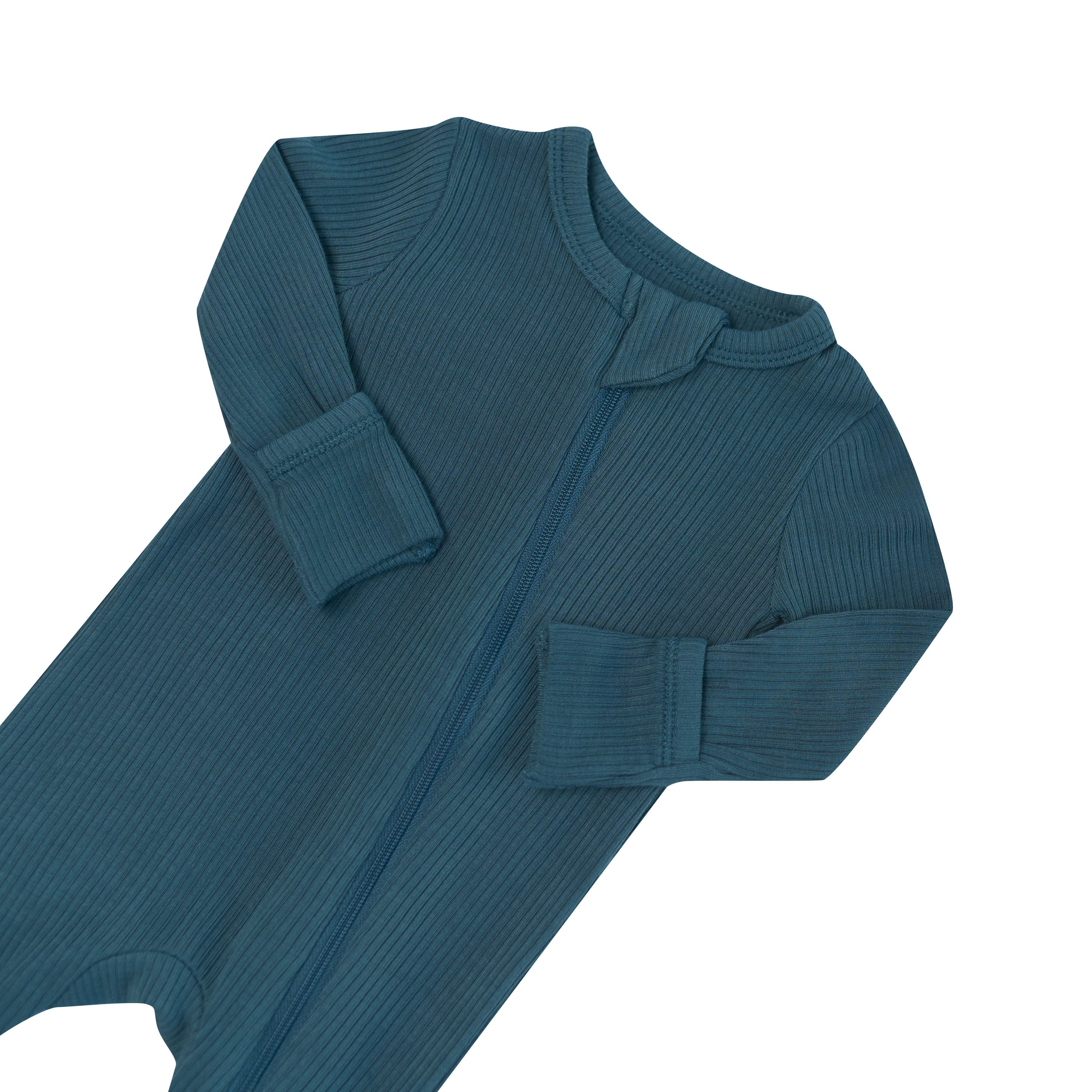Close up of the zipper garage and fold over hand cuffs on the Ribbed Zipper Romper in Atlantic