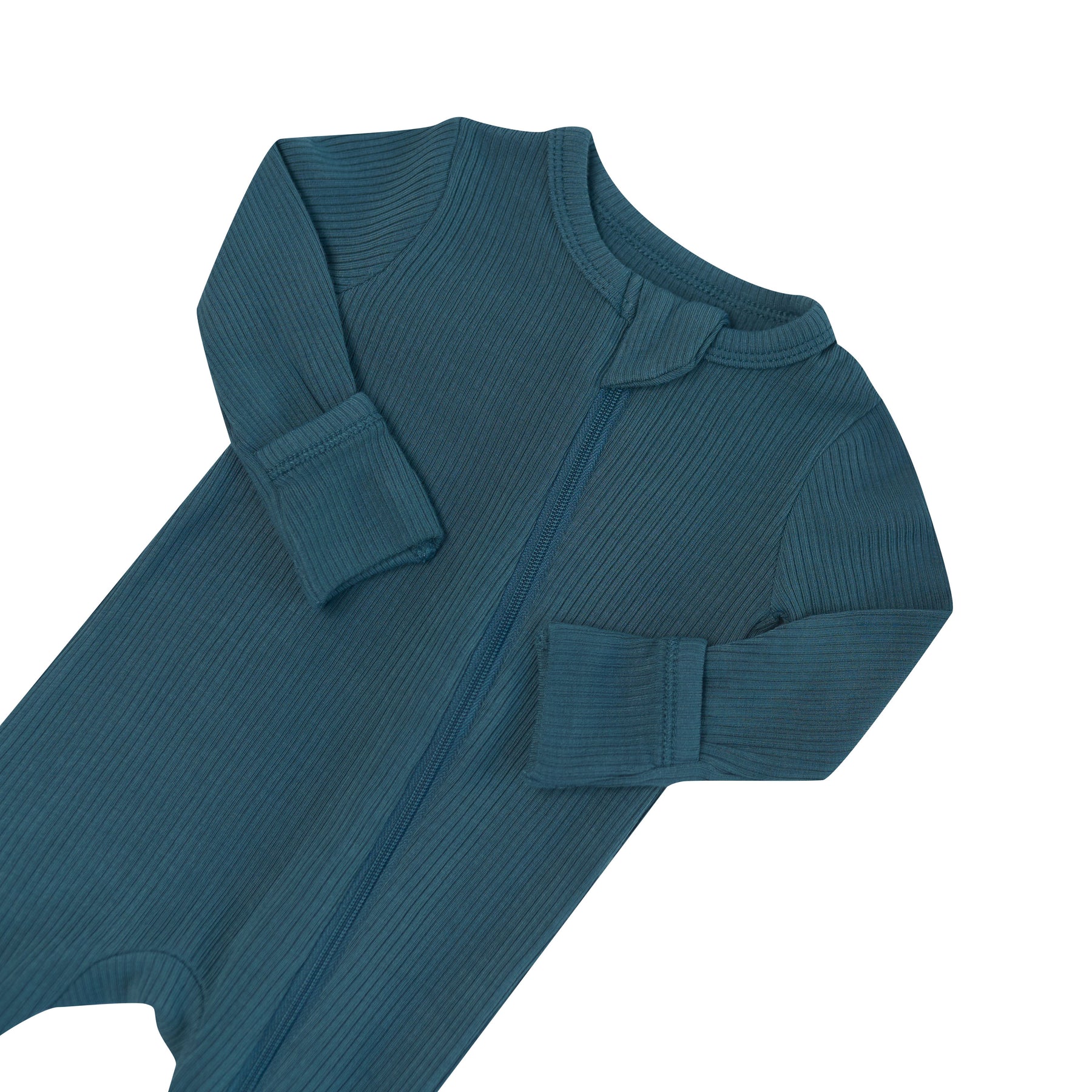 Close up of the zipper garage and fold over hand cuffs on the Ribbed Zipper Romper in Atlantic