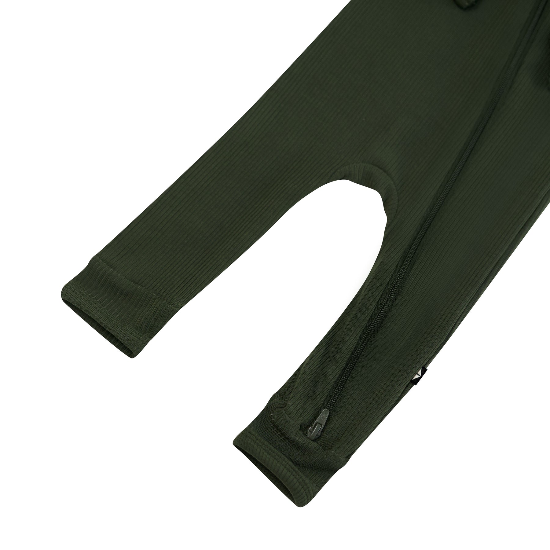 Zipper shown on the leg of the Ribbed Zipper Romper in Fir