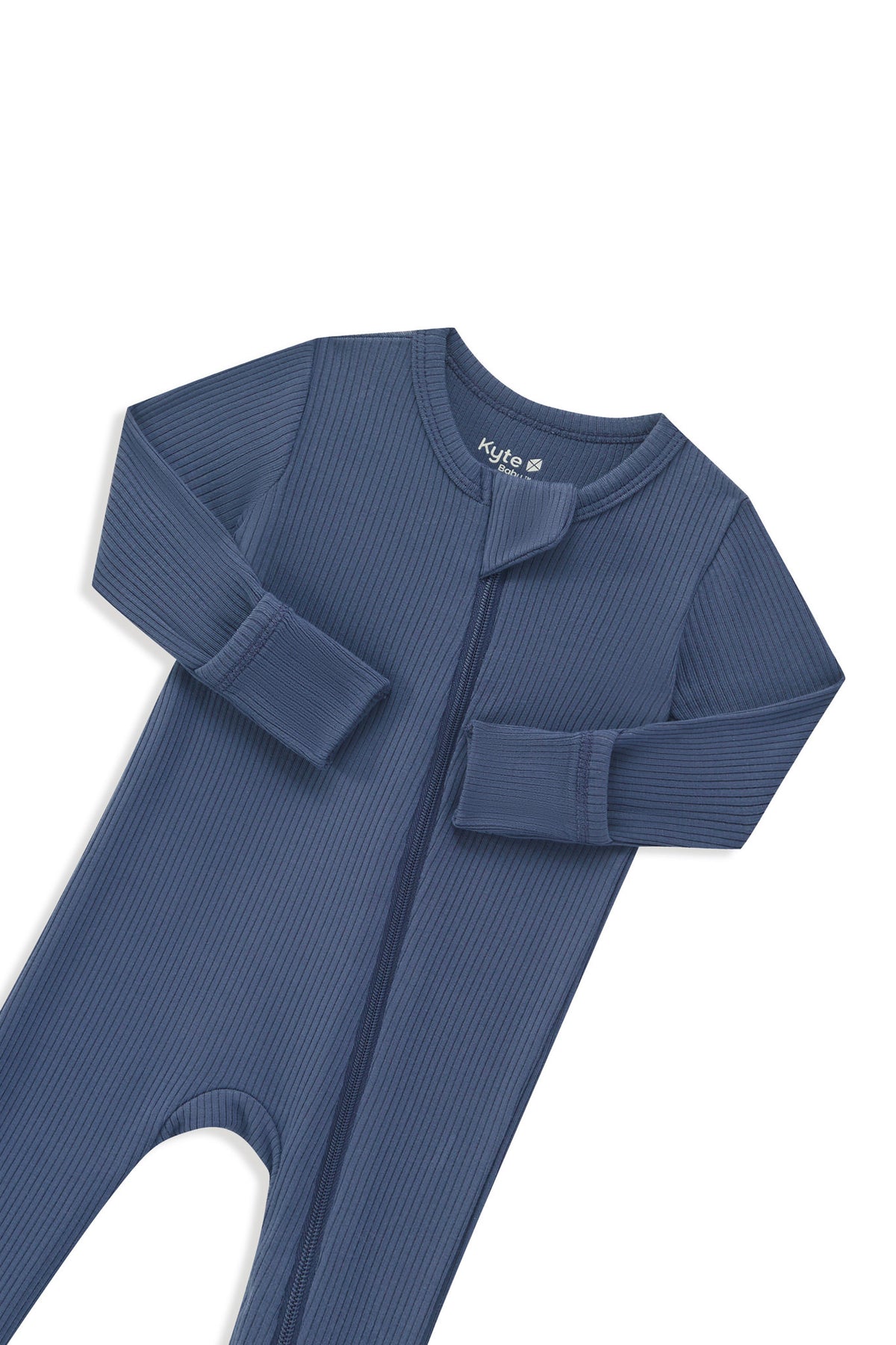 Zipper garage and fold over hand cuffs shown on the Ribbed Zipper Romper in Oxford on a white background